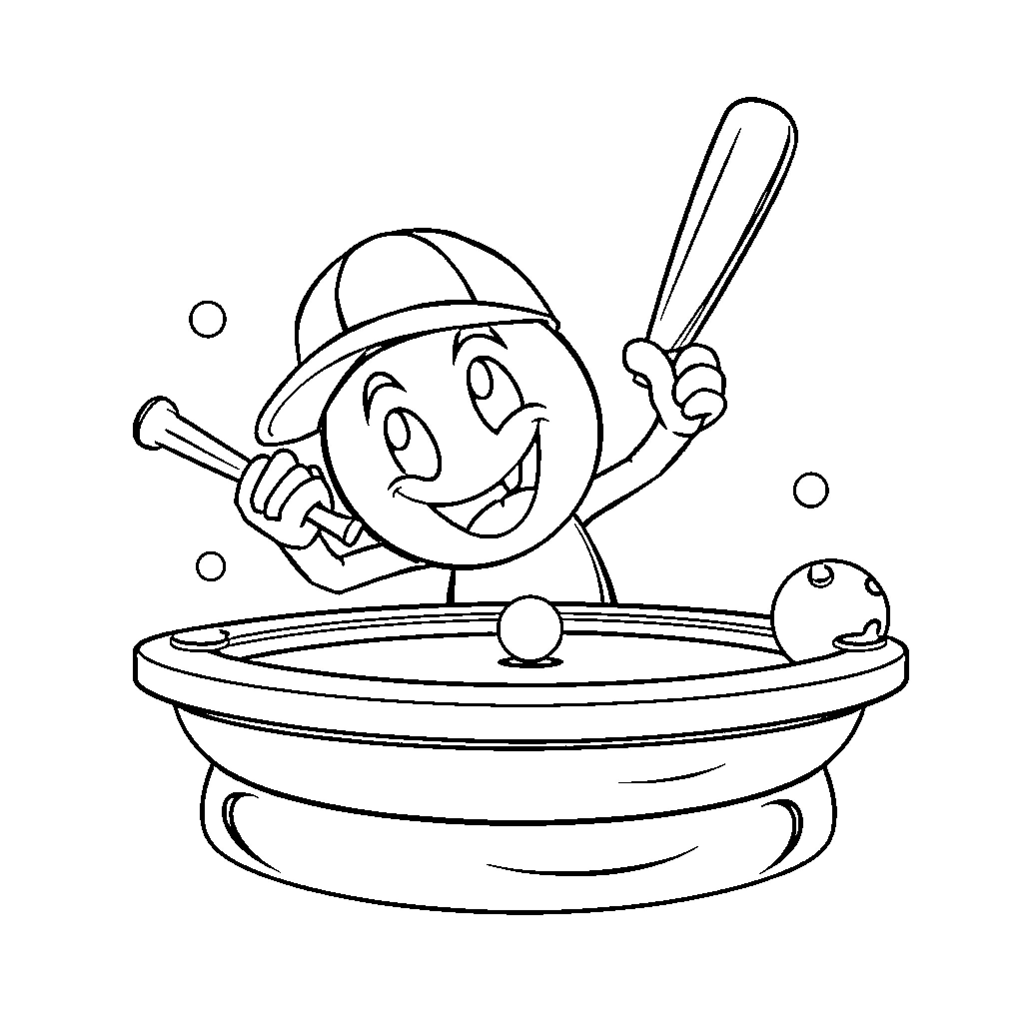 Pool Emoji enjoying water sports with bat Coloring Page (free black-and-white line drawing printable PDF for all, from beginners to advanced learners, including children, teens, adults, and seniors)