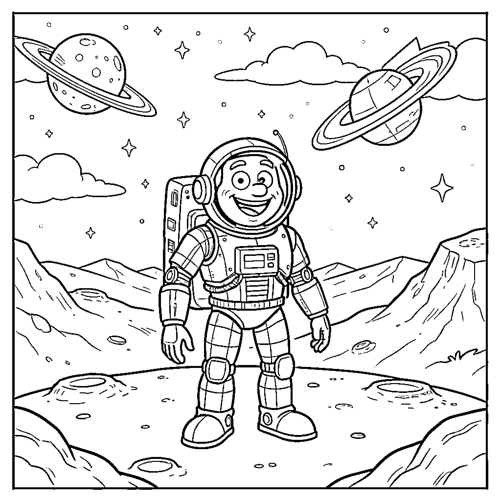 Wally's Cosmic Adventure in the Alien Landscape Coloring Page (free black-and-white line drawing printable PDF for all, from beginners to advanced learners, including children, teens, adults, and seniors)