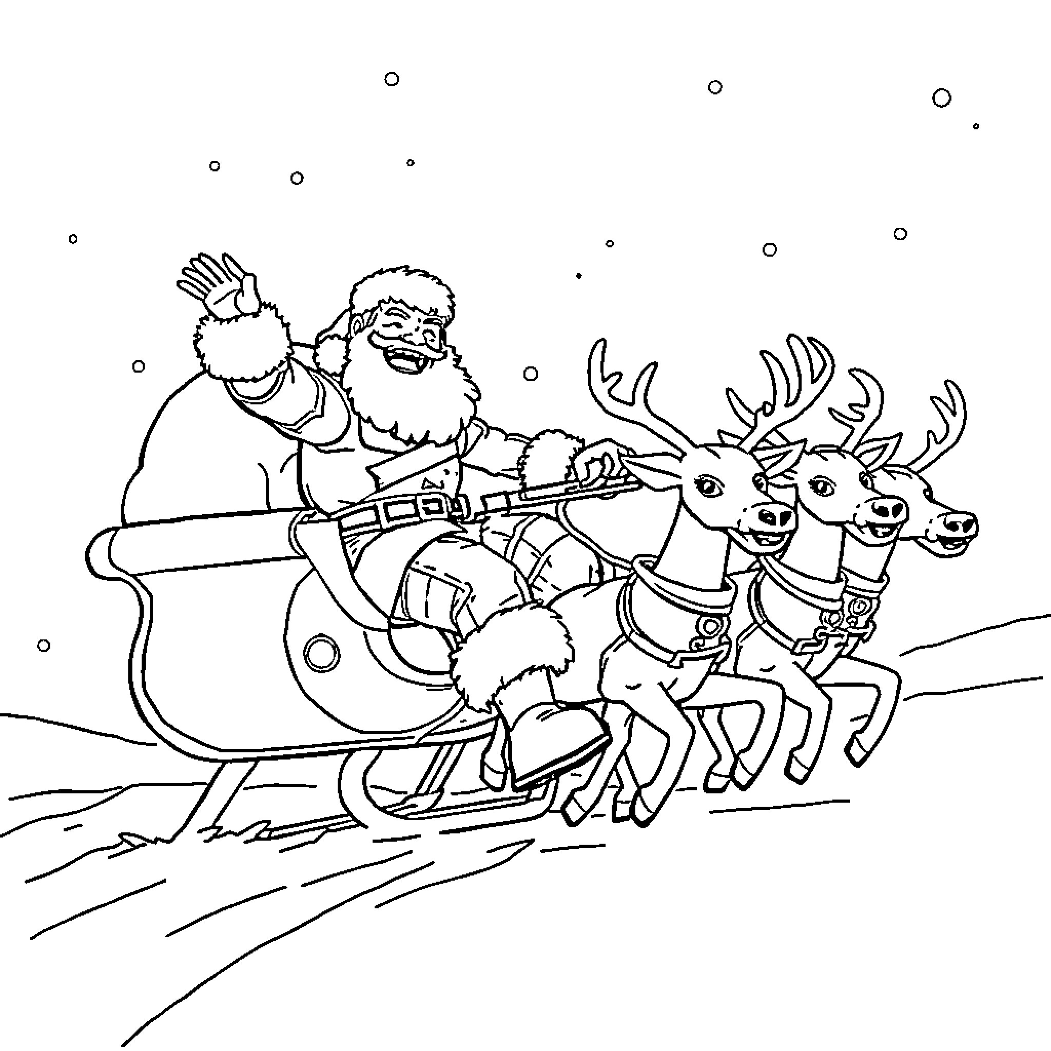 Ironman Santa Claus riding reindeer sleigh Coloring Page (free black-and-white line drawing printable PDF for all, from beginners to advanced learners, including children, teens, adults, and seniors)