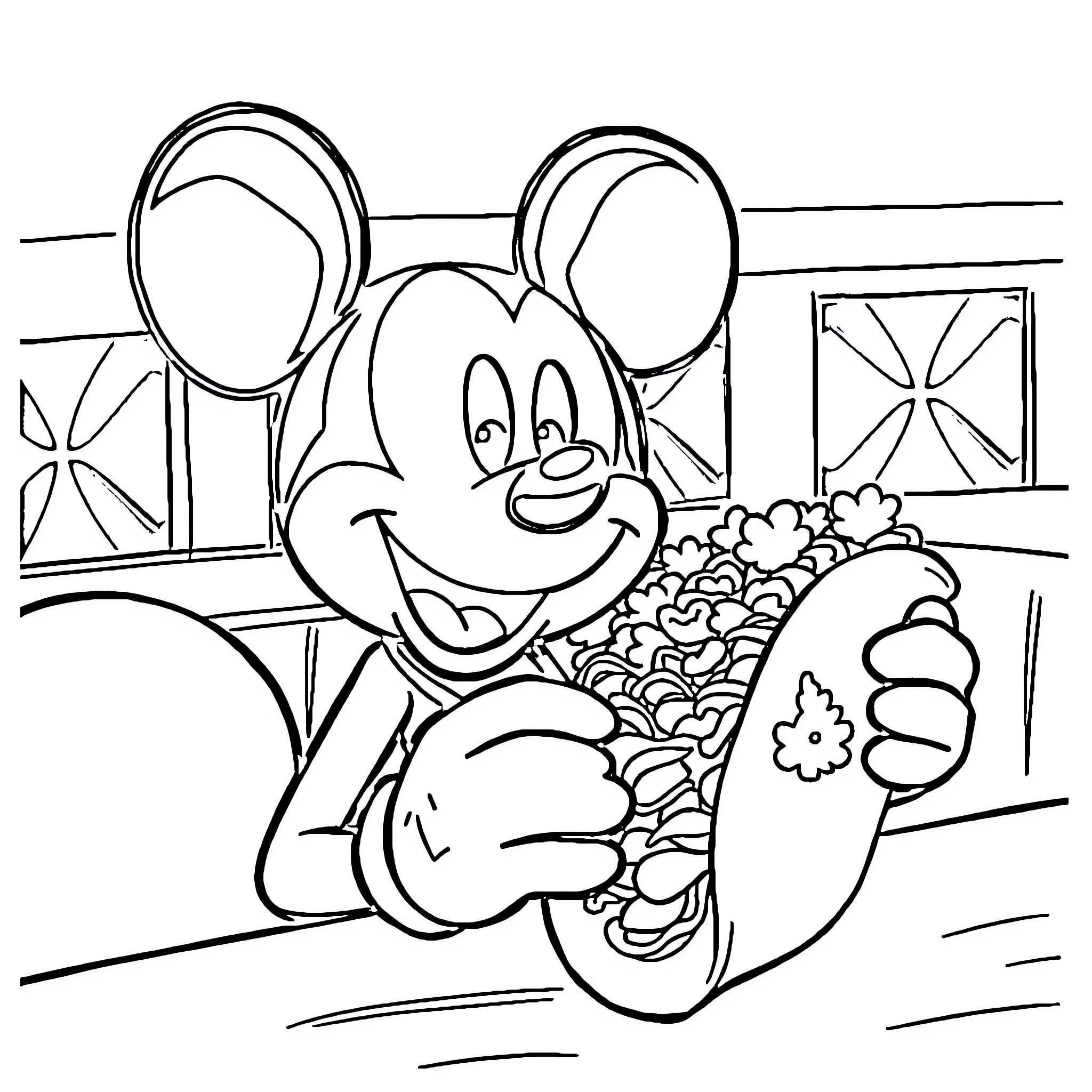 Mickey Mouse happily playing with toys in the room Coloring Page (free black-and-white line drawing printable PDF for all, from beginners to advanced learners, including children, teens, adults, and seniors)