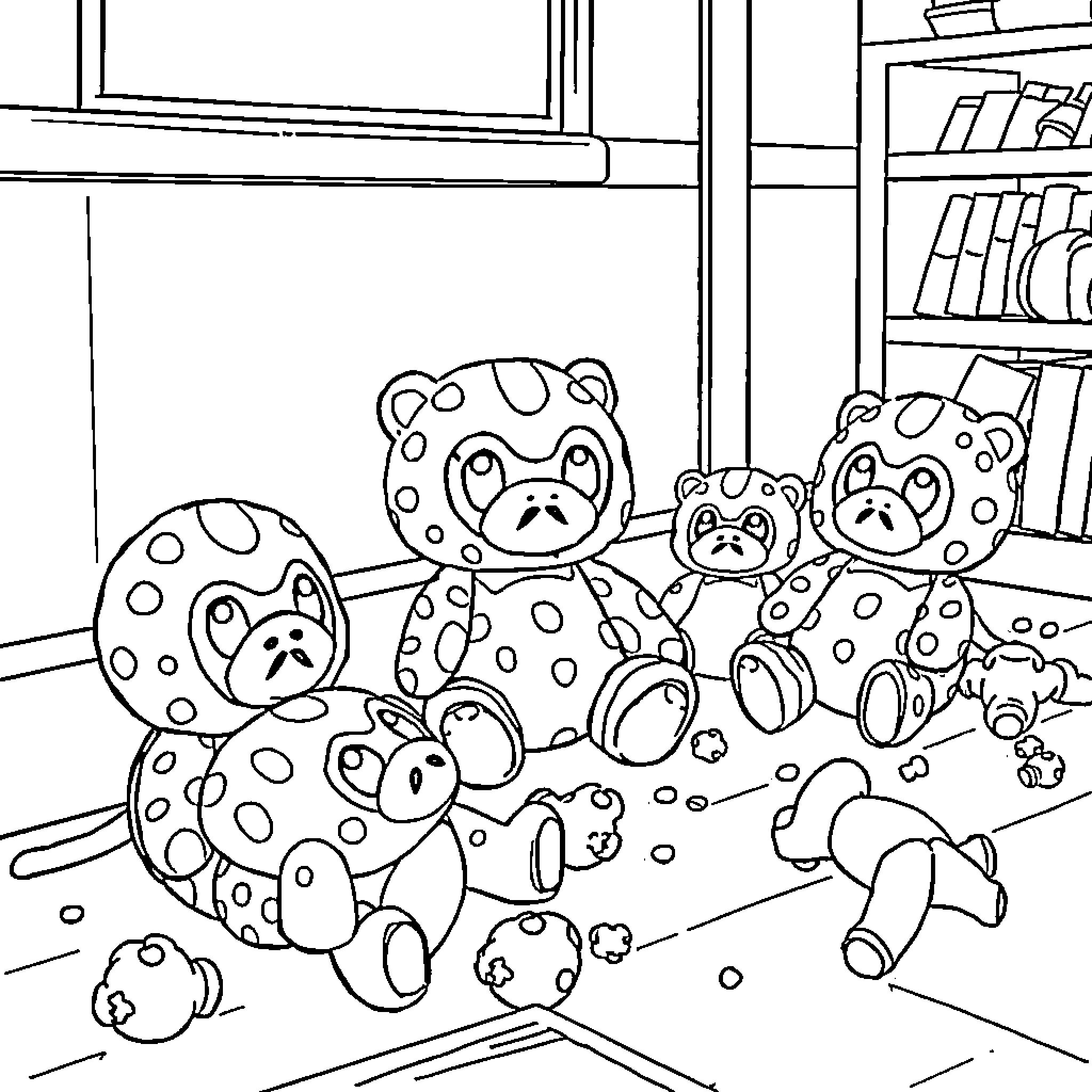 Labubu's Playful Polka Dot Plush Pals Coloring Page (free black-and-white line drawing printable PDF for all, from beginners to advanced learners, including children, teens, adults, and seniors)