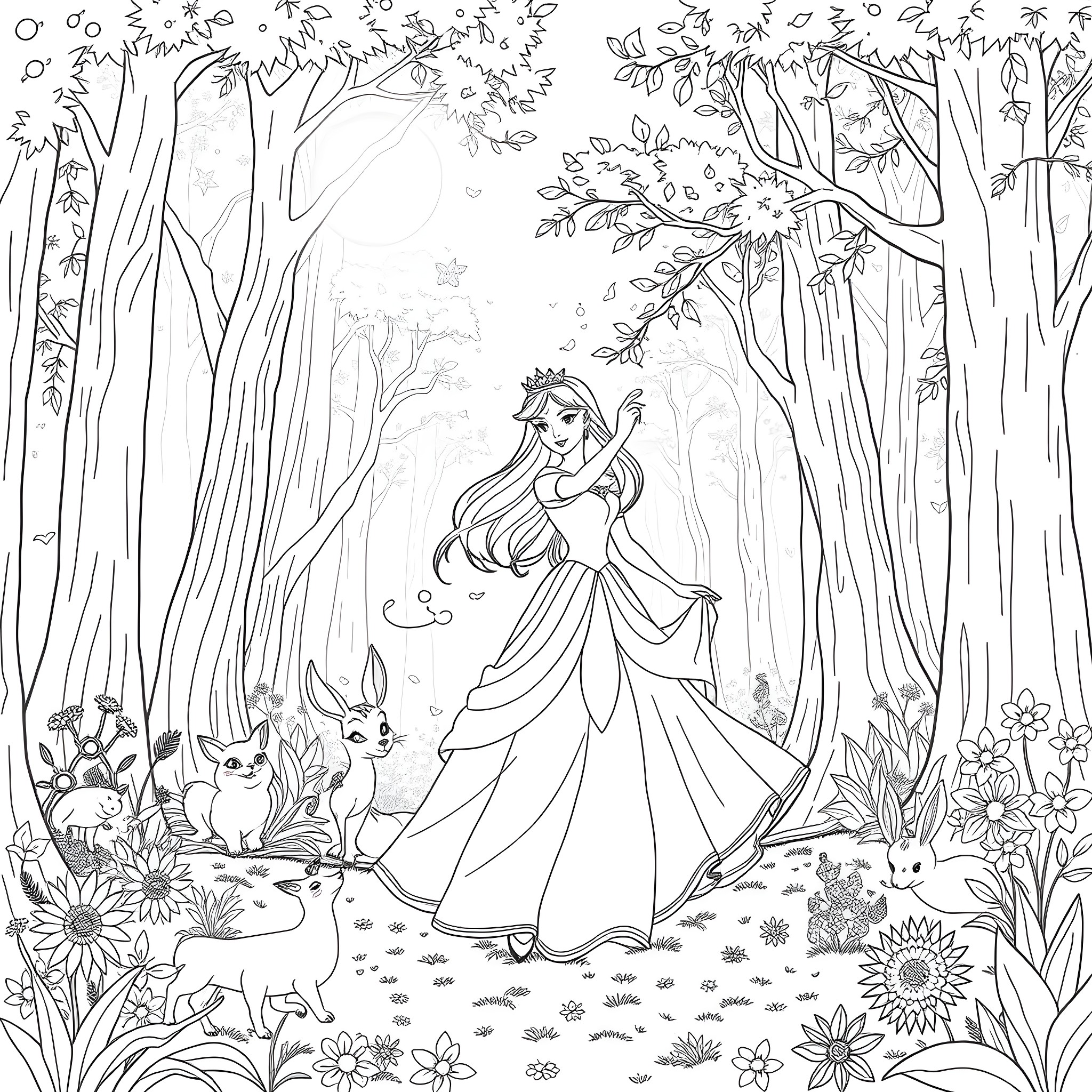 Aurora's Enchanted Forest Adventure Coloring Page (free black-and-white line drawing printable PDF for all, from beginners to advanced learners, including children, teens, adults, and seniors)