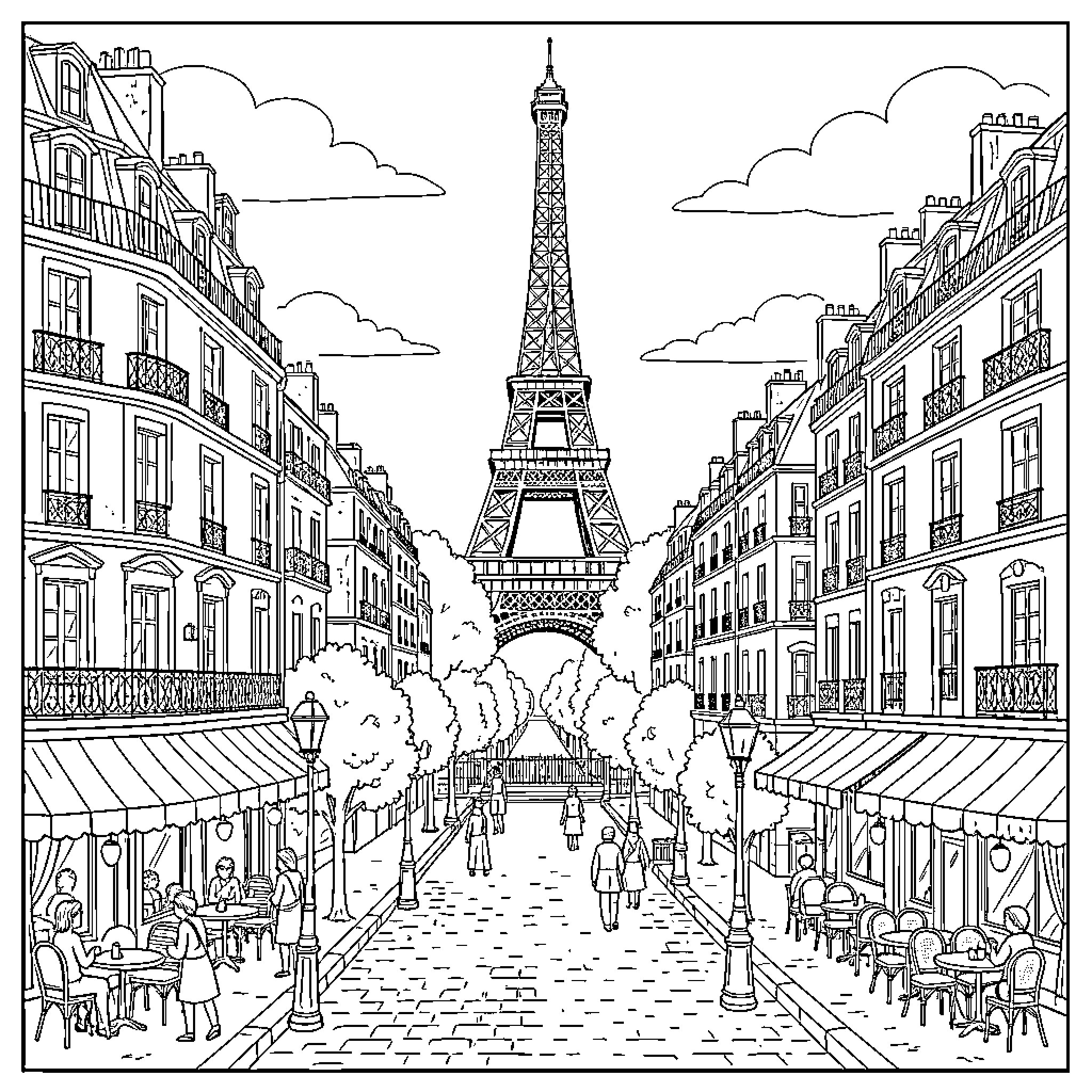 Paris street scene with people strolling near Eiffel Tower Coloring Page (free black-and-white line drawing printable PDF for all, from beginners to advanced learners, including children, teens, adults, and seniors)