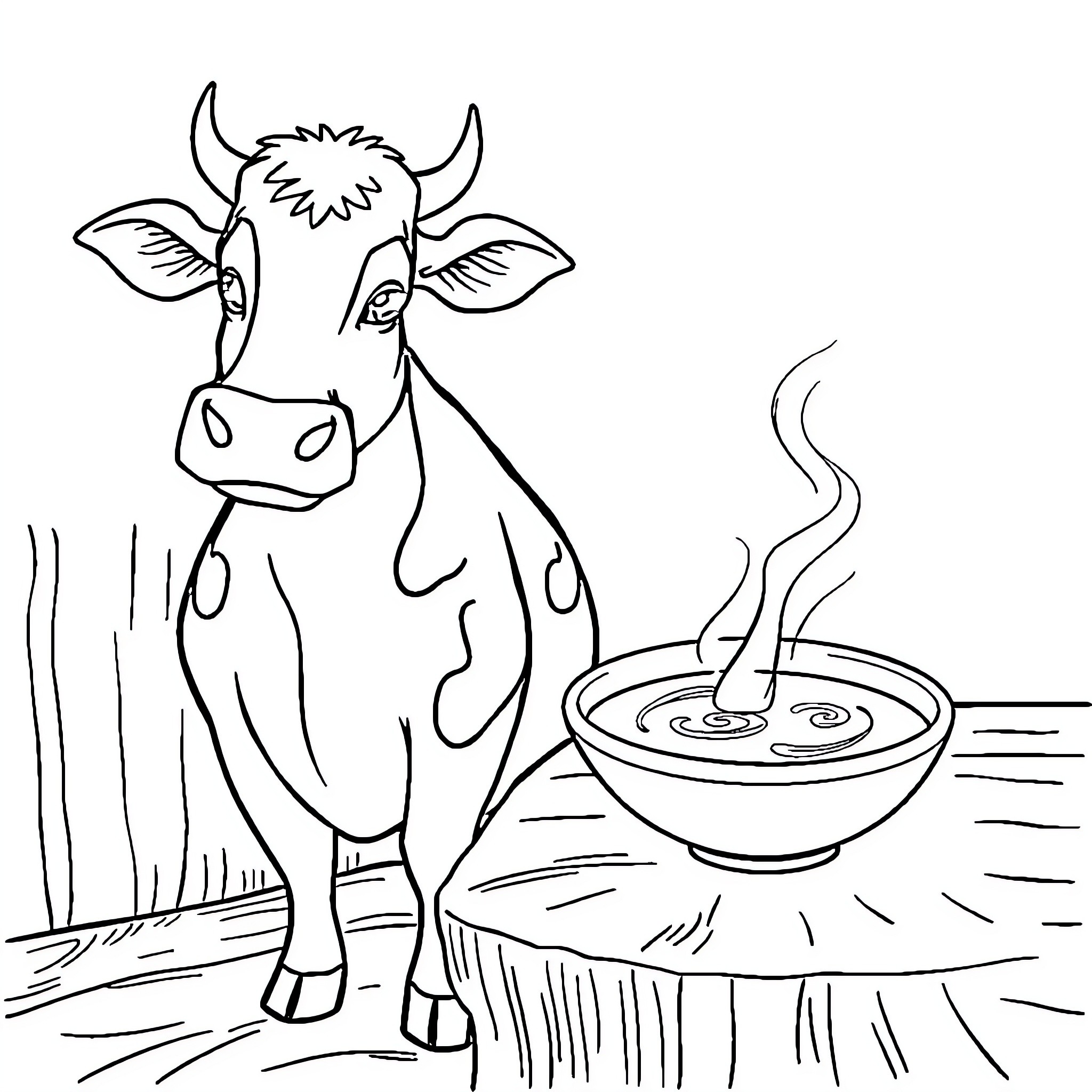 Cow enjoying a hot beverage in the barn Coloring Page (free black-and-white line drawing printable PDF for all, from beginners to advanced learners, including children, teens, adults, and seniors)