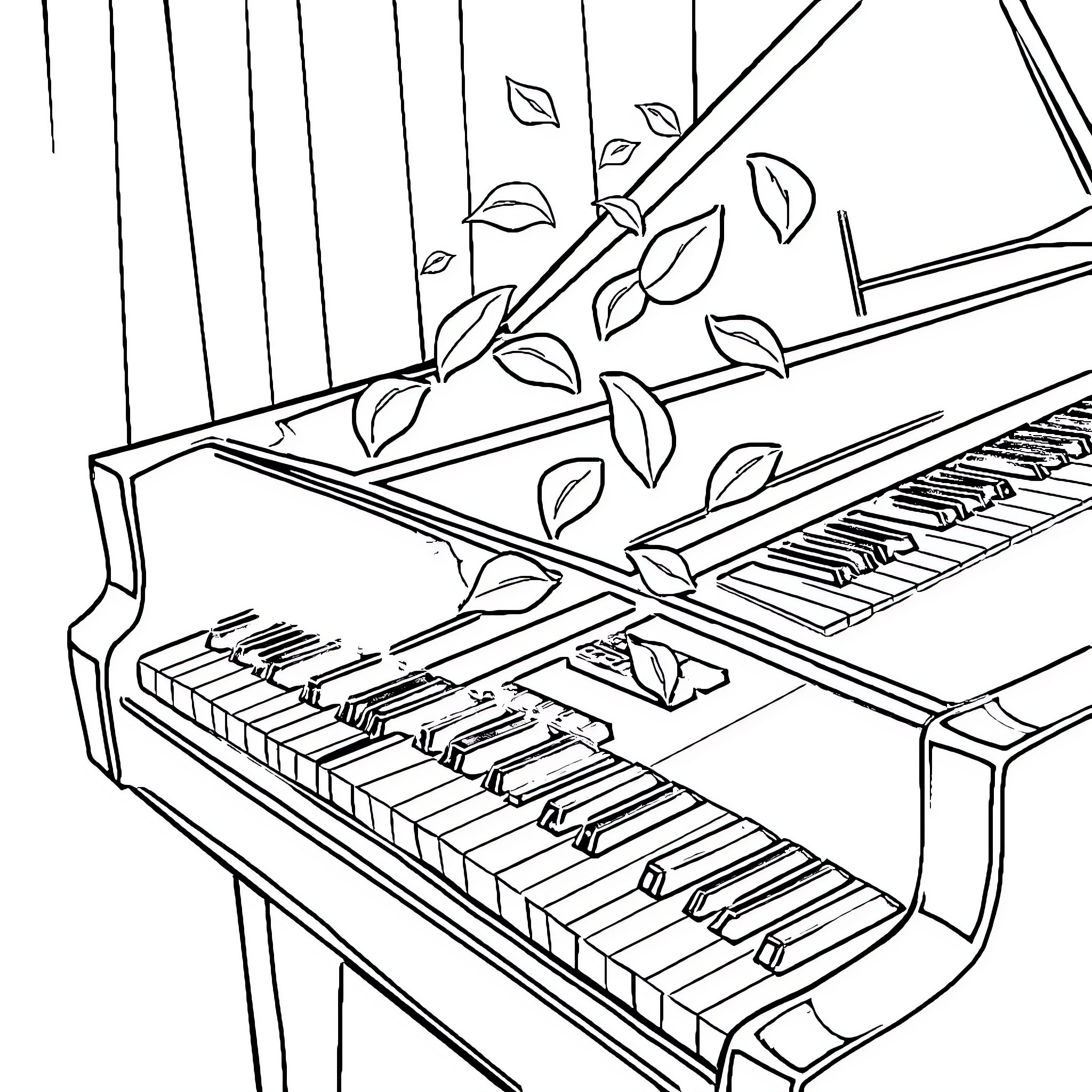 Piano with Falling Leaves Coloring Page (free black-and-white line drawing printable PDF for all, from beginners to advanced learners, including children, teens, adults, and seniors)