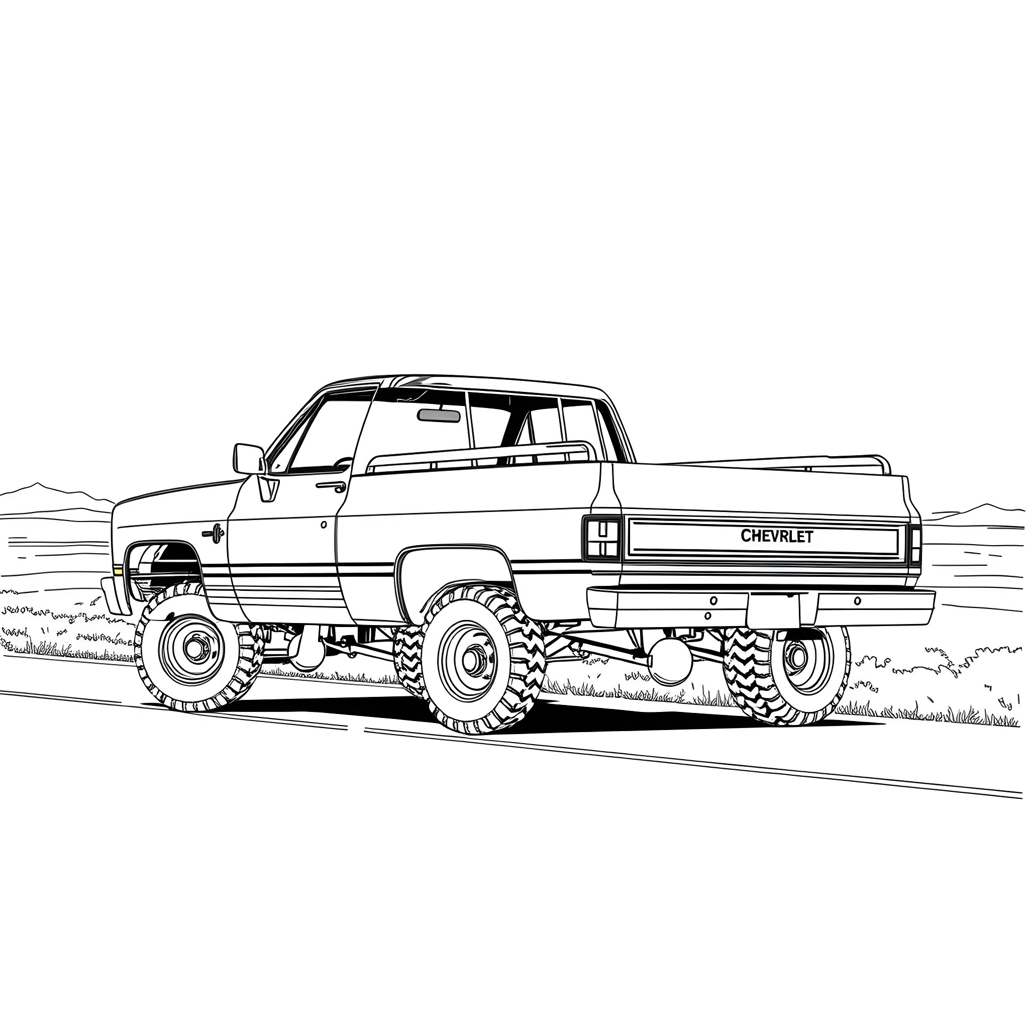 Chevy Truck Navigating Rugged Terrain Coloring Page (free black-and-white line drawing printable PDF for all, from beginners to advanced learners, including children, teens, adults, and seniors)