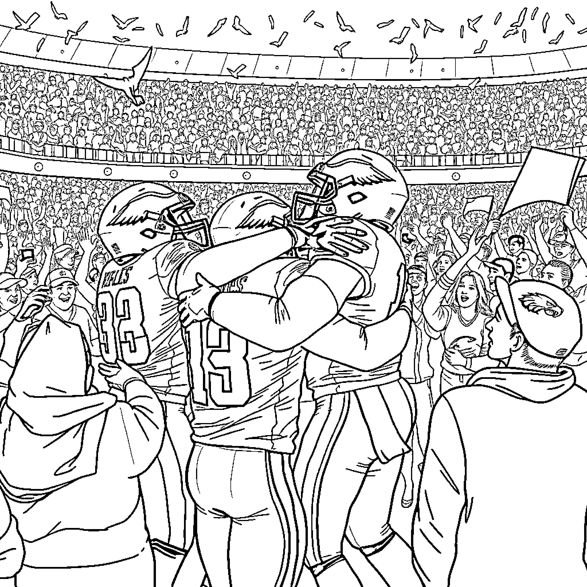 Eagle players celebrating a victory on the field Coloring Page (free black-and-white line drawing printable PDF for all, from beginners to advanced learners, including children, teens, adults, and seniors)