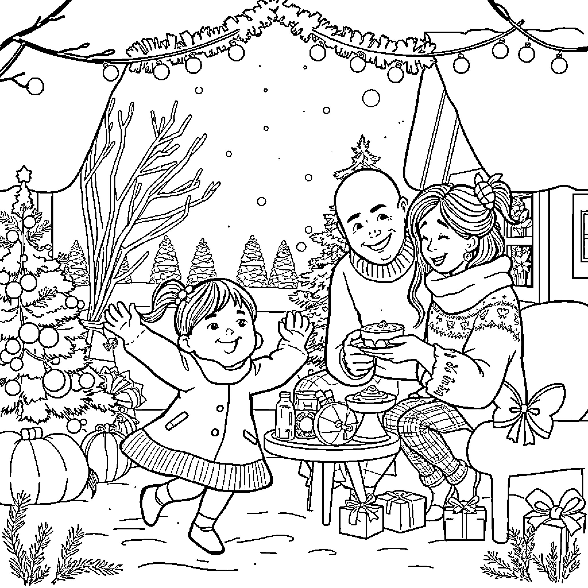 Family Enjoying Holiday Celebration Together Coloring Page (free black-and-white line drawing printable PDF for all, from beginners to advanced learners, including children, teens, adults, and seniors)