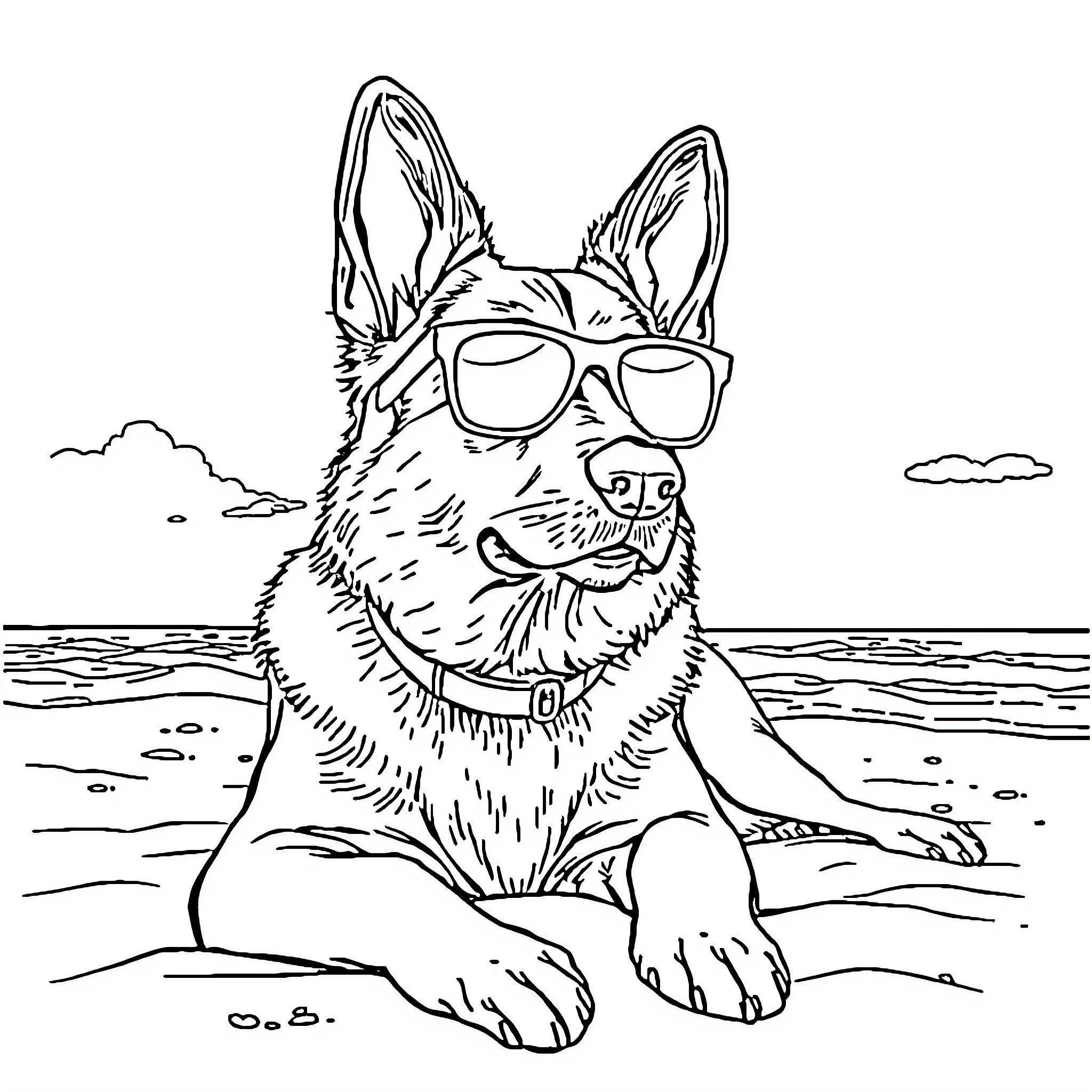 German Shepherd enjoying the beach in sunglasses Coloring Page (free black-and-white line drawing printable PDF for all, from beginners to advanced learners, including children, teens, adults, and seniors)