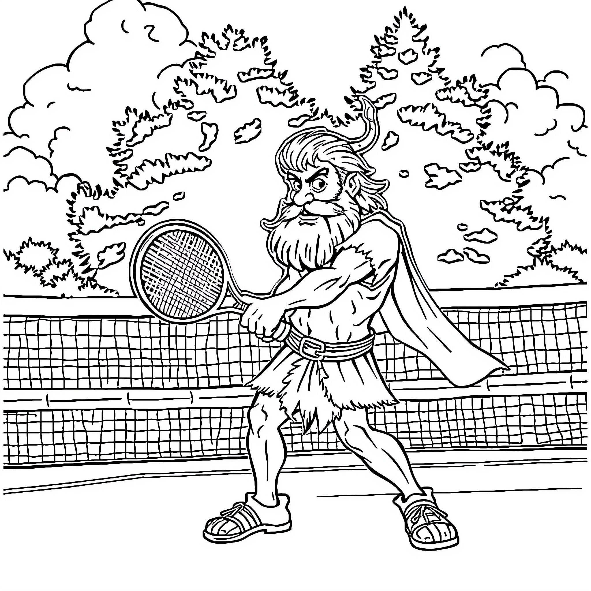 Beowulf playing tennis in the park Coloring Page (free black-and-white line drawing printable PDF for all, from beginners to advanced learners, including children, teens, adults, and seniors)