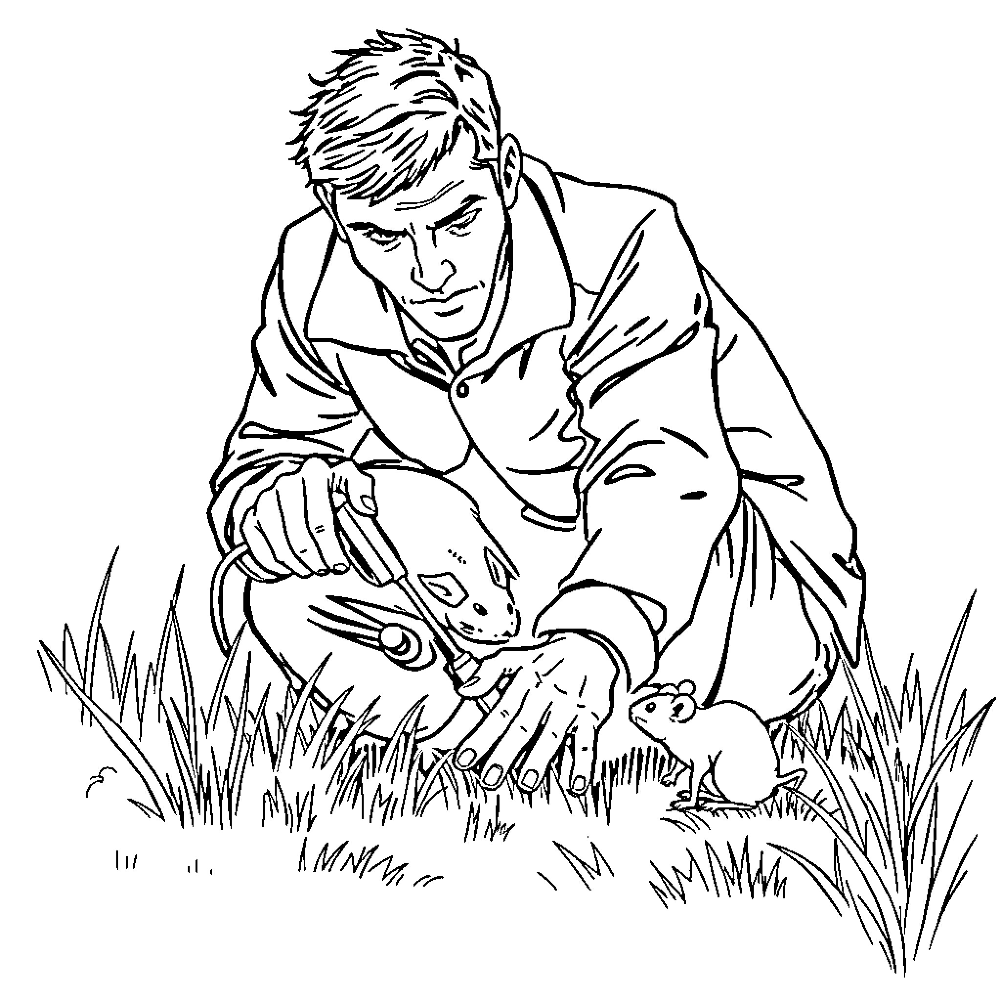 Man tending to injured animal in the grass Coloring Page (free black-and-white line drawing printable PDF for all, from beginners to advanced learners, including children, teens, adults, and seniors)