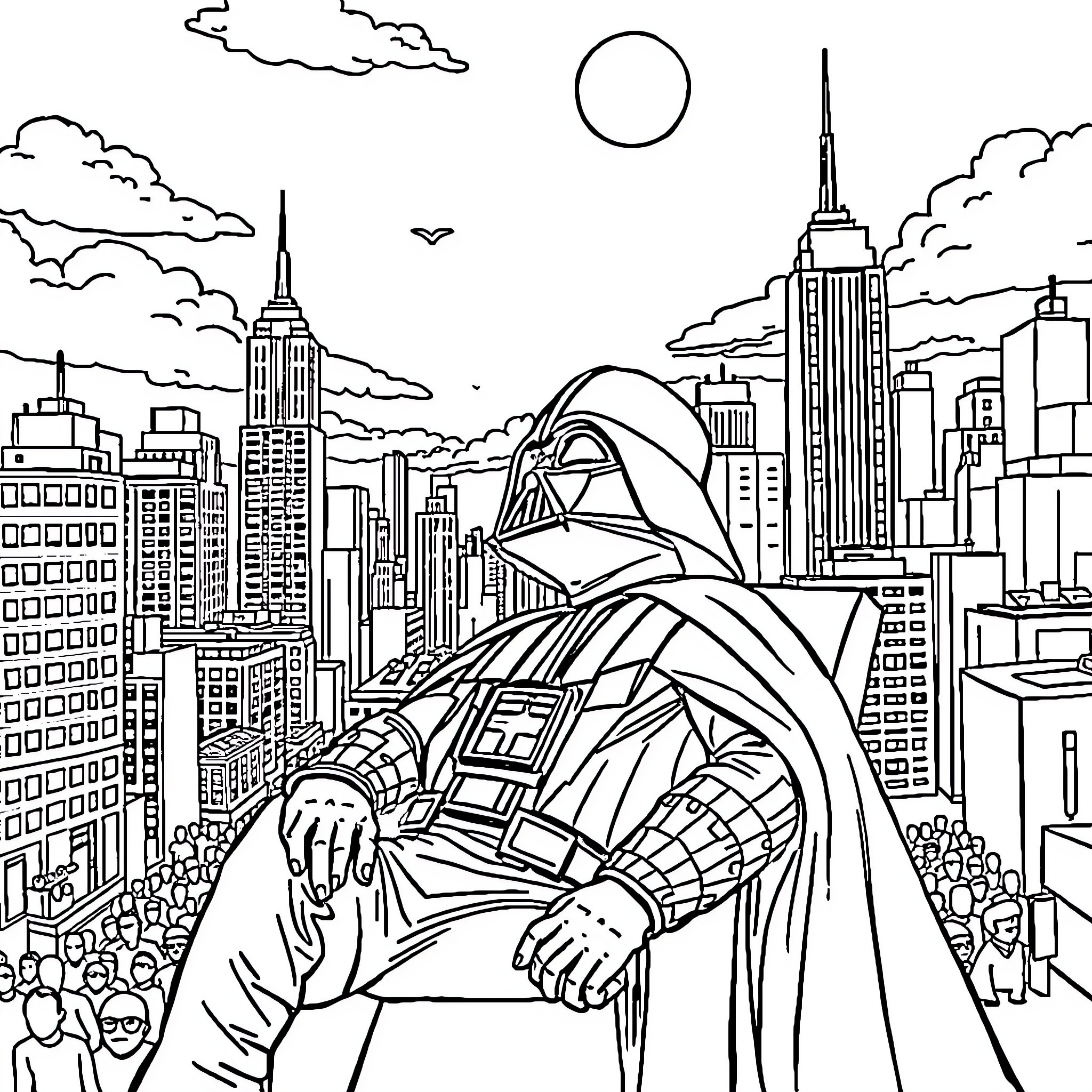 Darth Vader overlooking futuristic cityscape Coloring Page (free black-and-white line drawing printable PDF for all, from beginners to advanced learners, including children, teens, adults, and seniors)