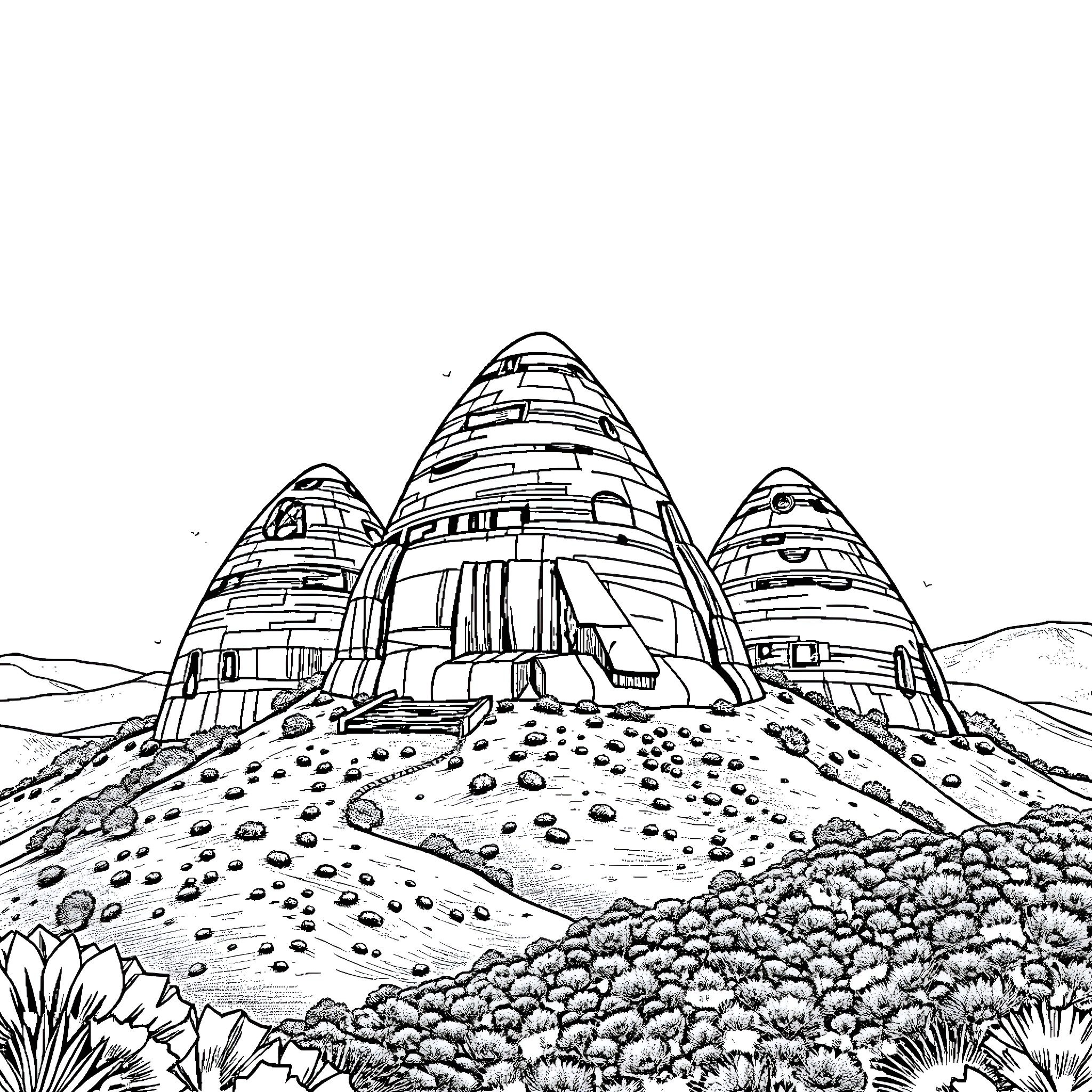Rondavel structures in the desert landscape Coloring Page (free black-and-white line drawing printable PDF for all, from beginners to advanced learners, including children, teens, adults, and seniors)