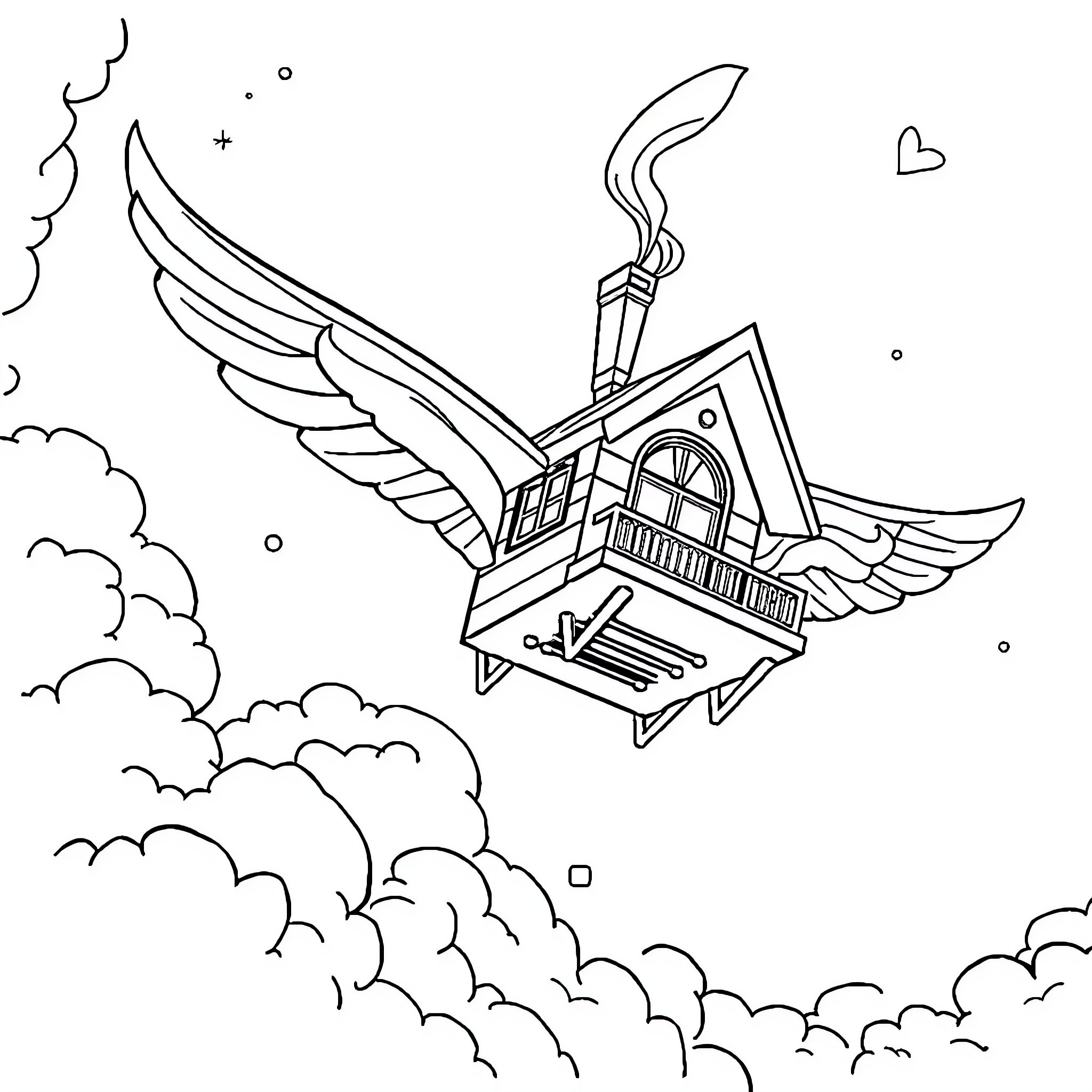 Flying House with Winged Architectural Design Coloring Page (free black-and-white line drawing printable PDF for all, from beginners to advanced learners, including children, teens, adults, and seniors)
