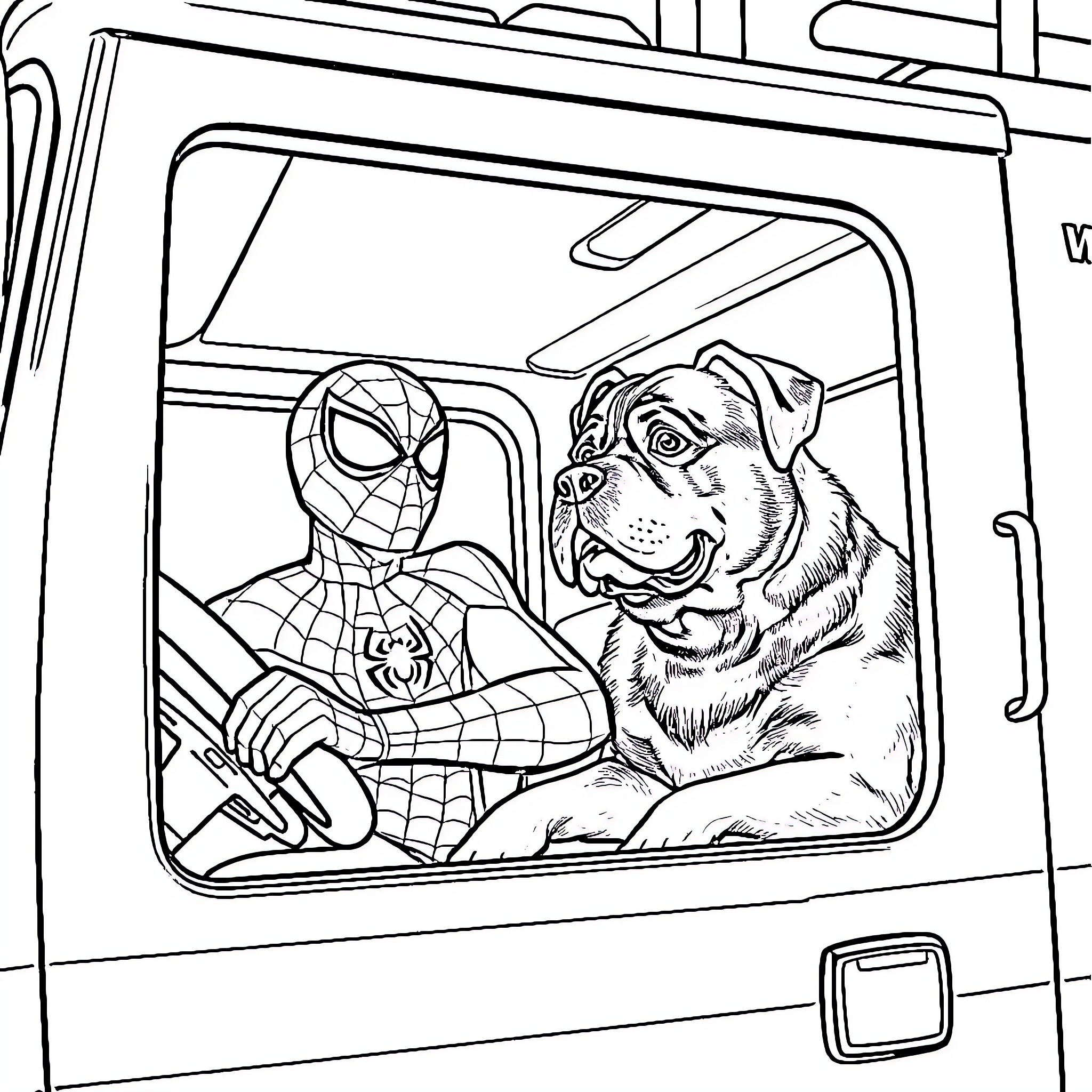 Spiderman and dog riding in the vehicle Coloring Page (free black-and-white line drawing printable PDF for all, from beginners to advanced learners, including children, teens, adults, and seniors)