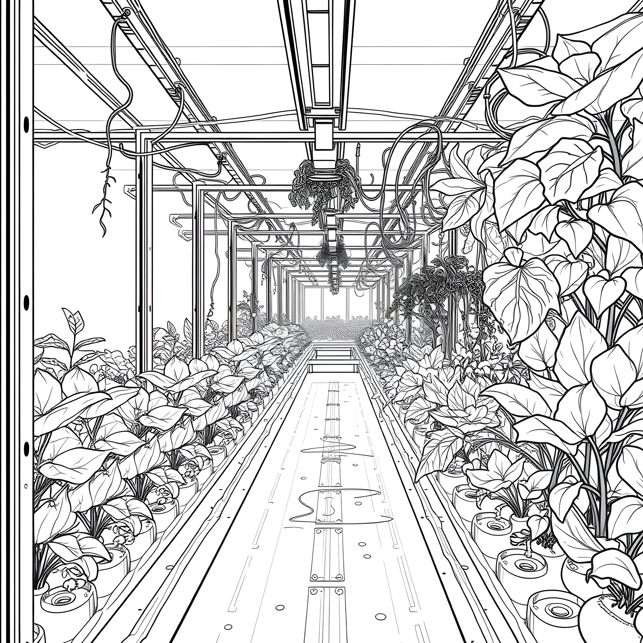 Hydroponic greenhouse filled with lush vegetation Coloring Page (free black-and-white line drawing printable PDF for all, from beginners to advanced learners, including children, teens, adults, and seniors)