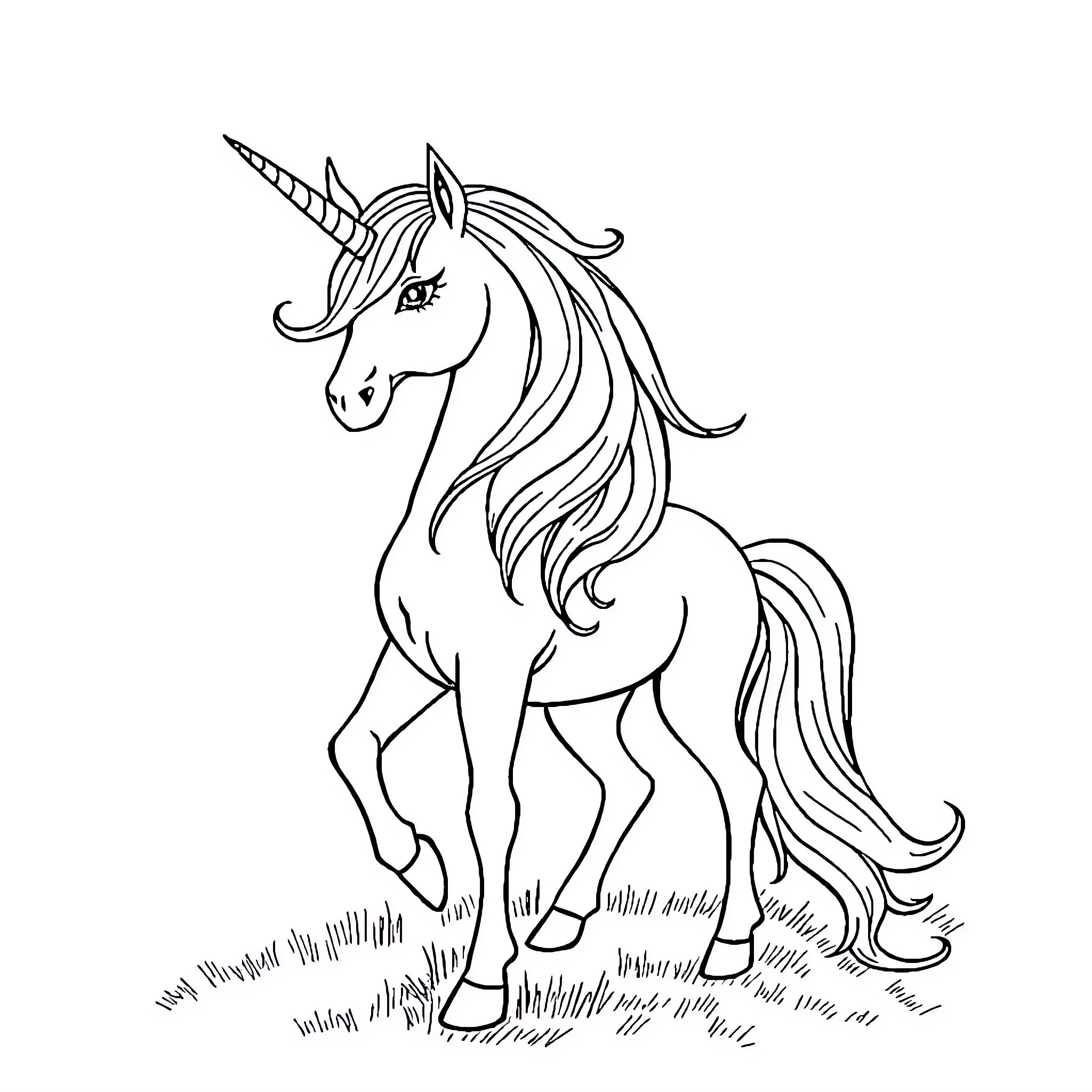 Unicorn prancing in the field Coloring Page (free black-and-white line drawing printable PDF for all, from beginners to advanced learners, including children, teens, adults, and seniors)