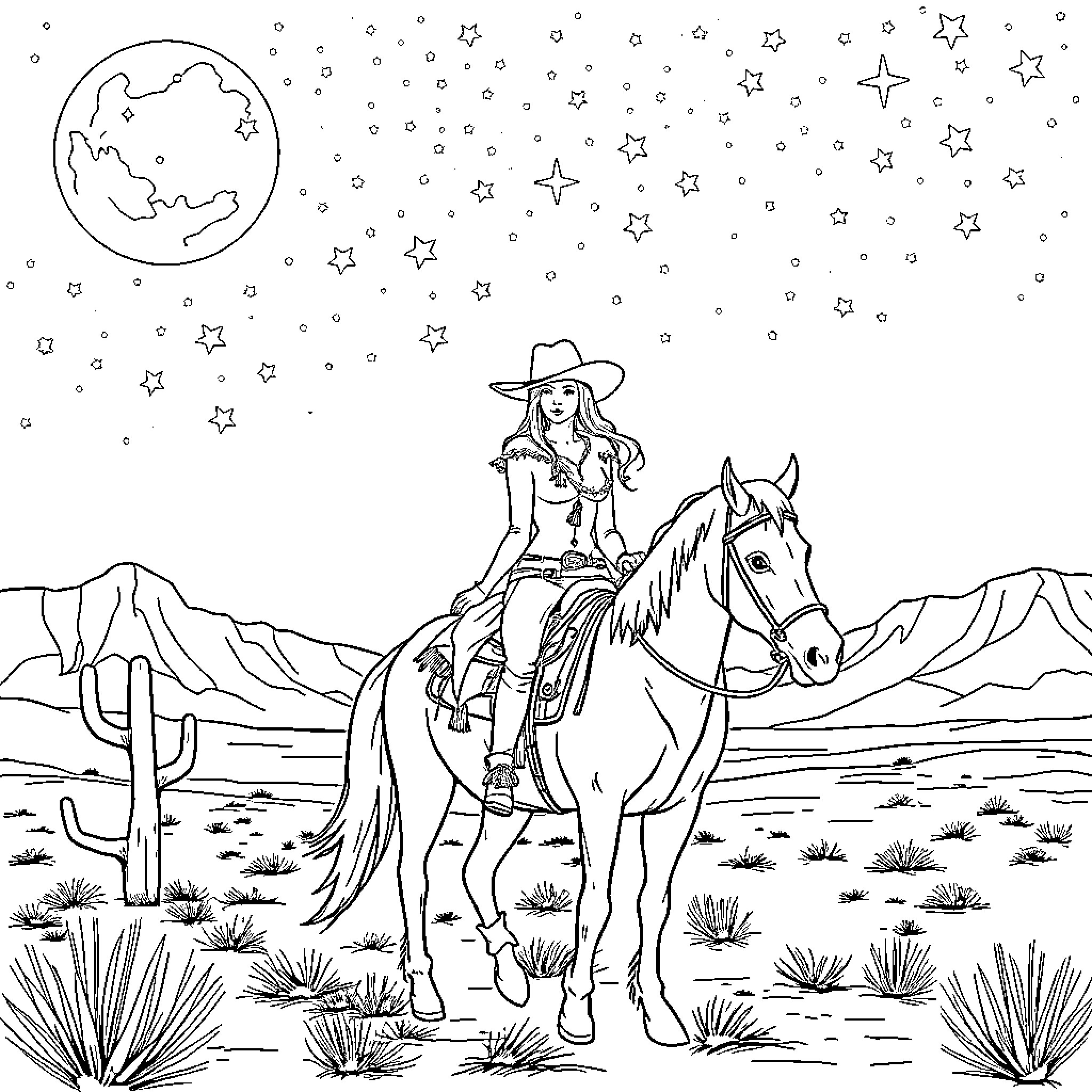 Cowgirl rides horse under starry night sky Coloring Page (free black-and-white line drawing printable PDF for all, from beginners to advanced learners, including children, teens, adults, and seniors)