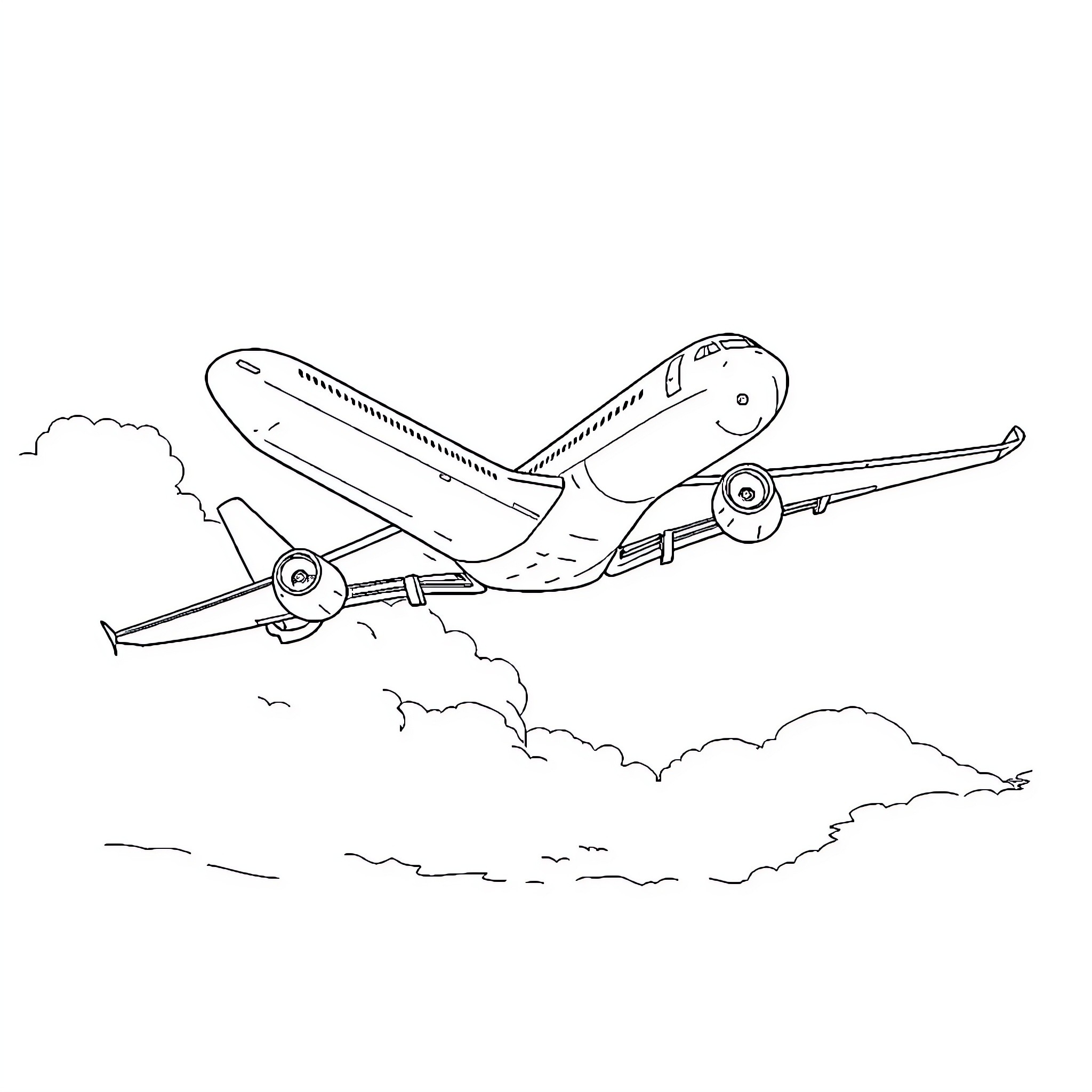 Airplane taking off into the sky Coloring Page (free black-and-white line drawing printable PDF for all, from beginners to advanced learners, including children, teens, adults, and seniors)