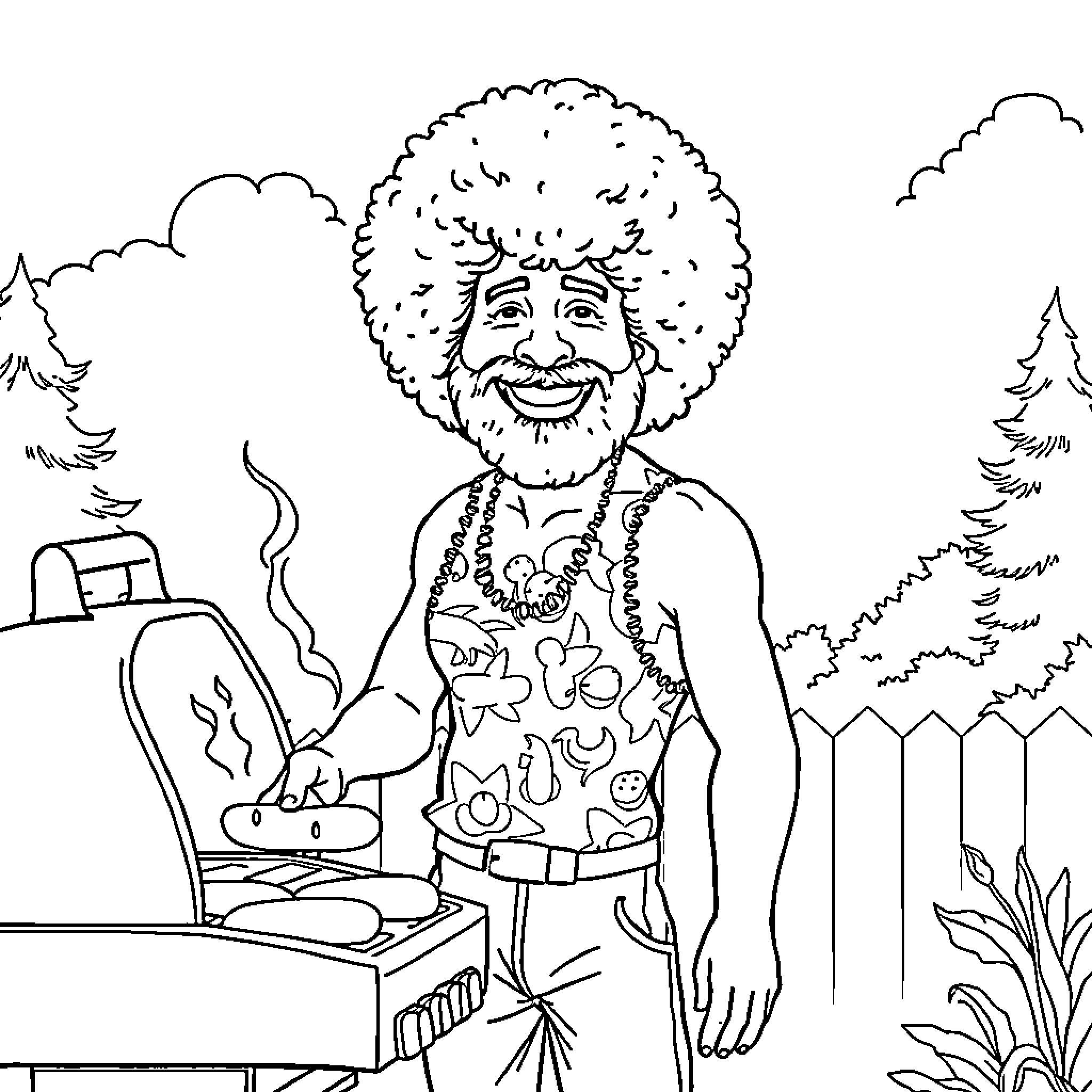 Bob Ross painting cheerfully in the forest Coloring Page (free black-and-white line drawing printable PDF for all, from beginners to advanced learners, including children, teens, adults, and seniors)
