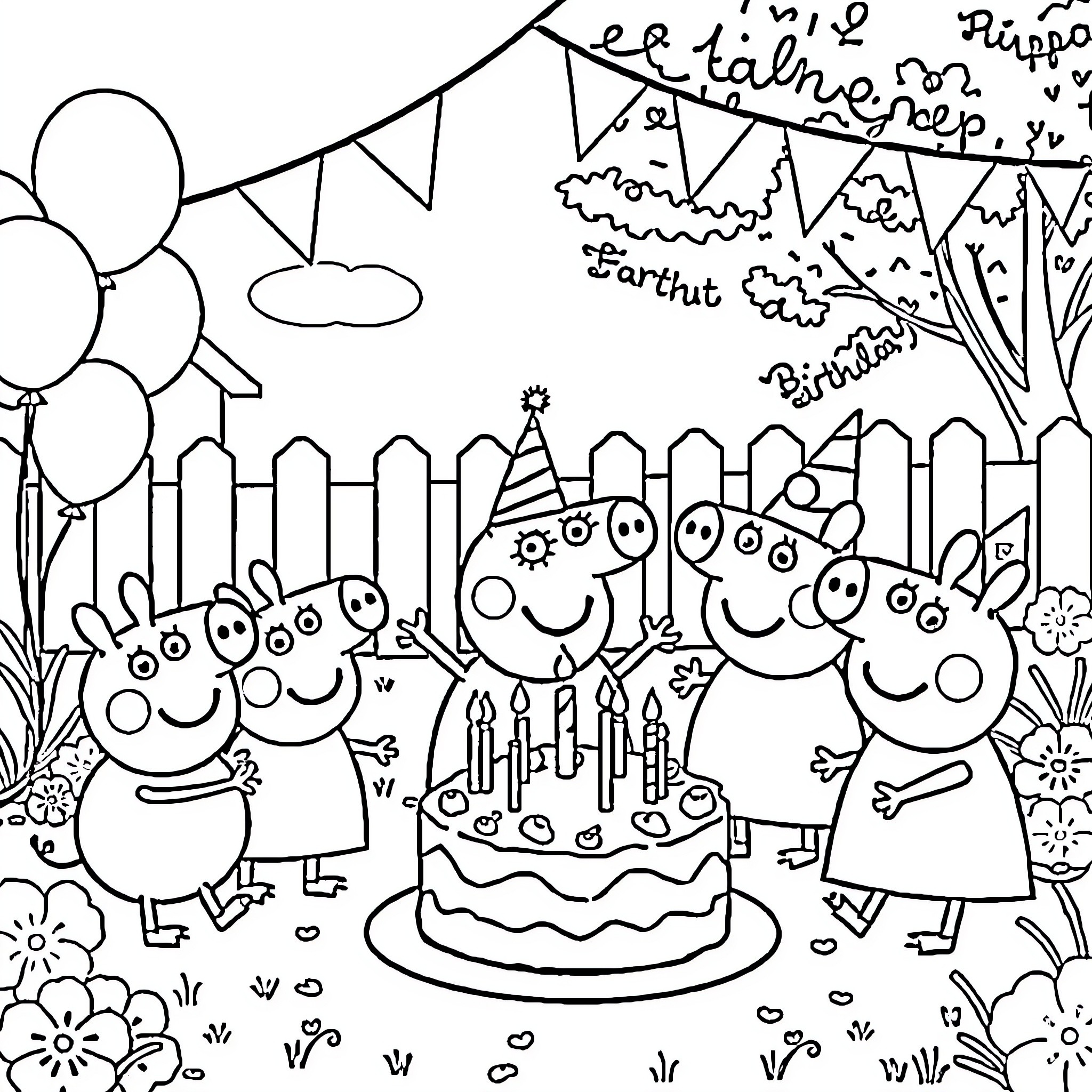 Peppa Pig and Friends Celebrate a Birthday Party Coloring Page (free black-and-white line drawing printable PDF for all, from beginners to advanced learners, including children, teens, adults, and seniors)