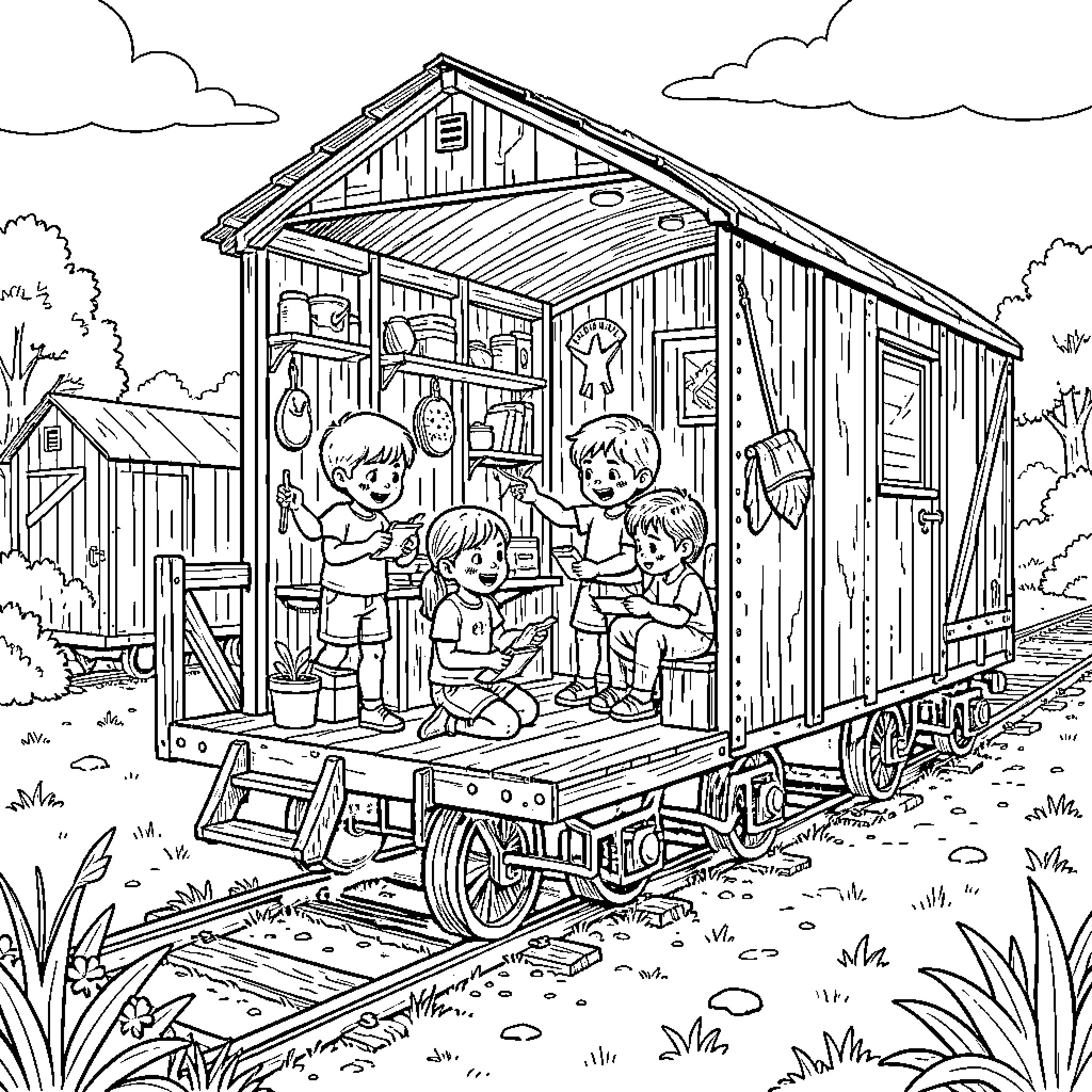 Boxcar where children play and read together Coloring Page (free black-and-white line drawing printable PDF for all, from beginners to advanced learners, including children, teens, adults, and seniors)