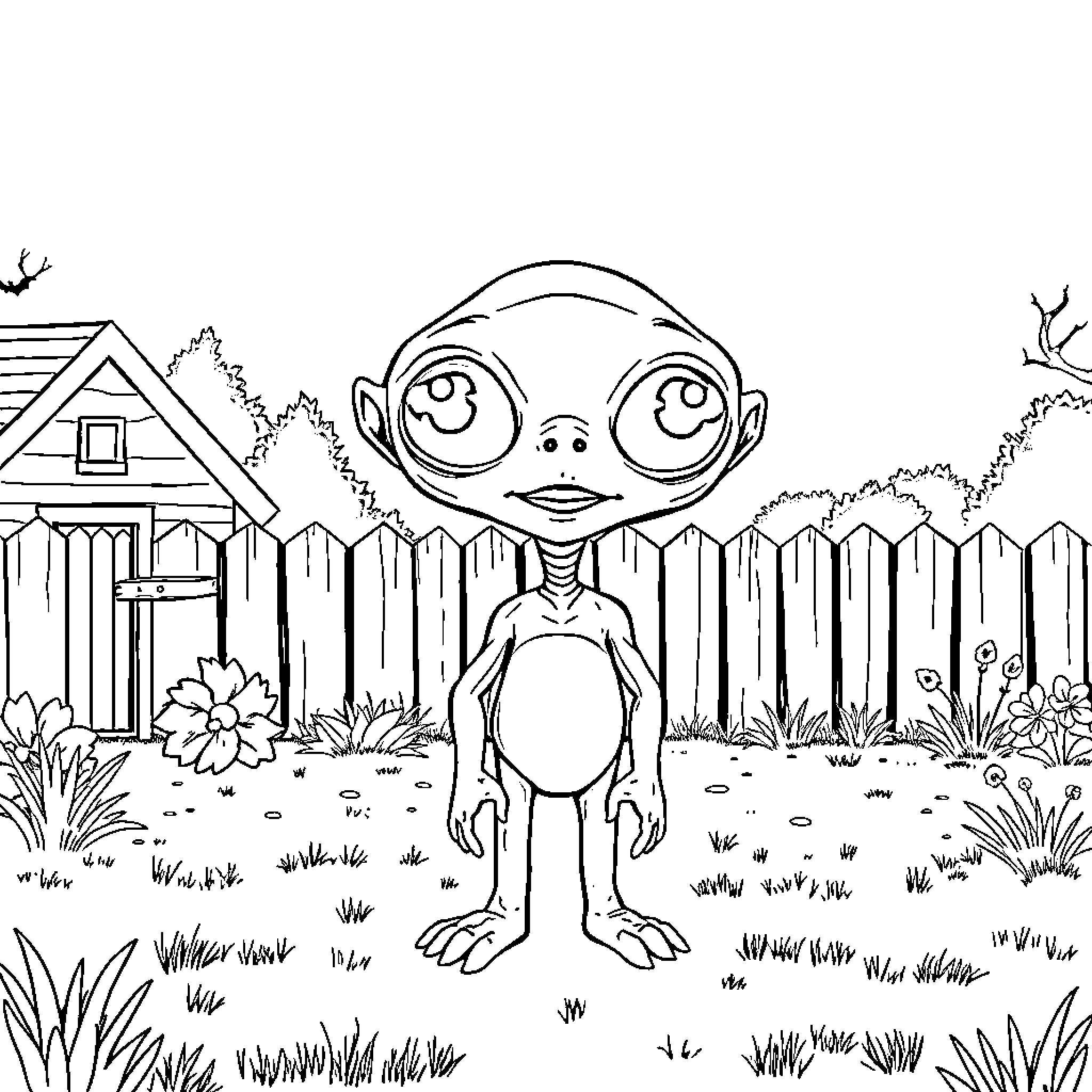 ET Makes Merry in Whimsical Garden Scene Coloring Page (free black-and-white line drawing printable PDF for all, from beginners to advanced learners, including children, teens, adults, and seniors)