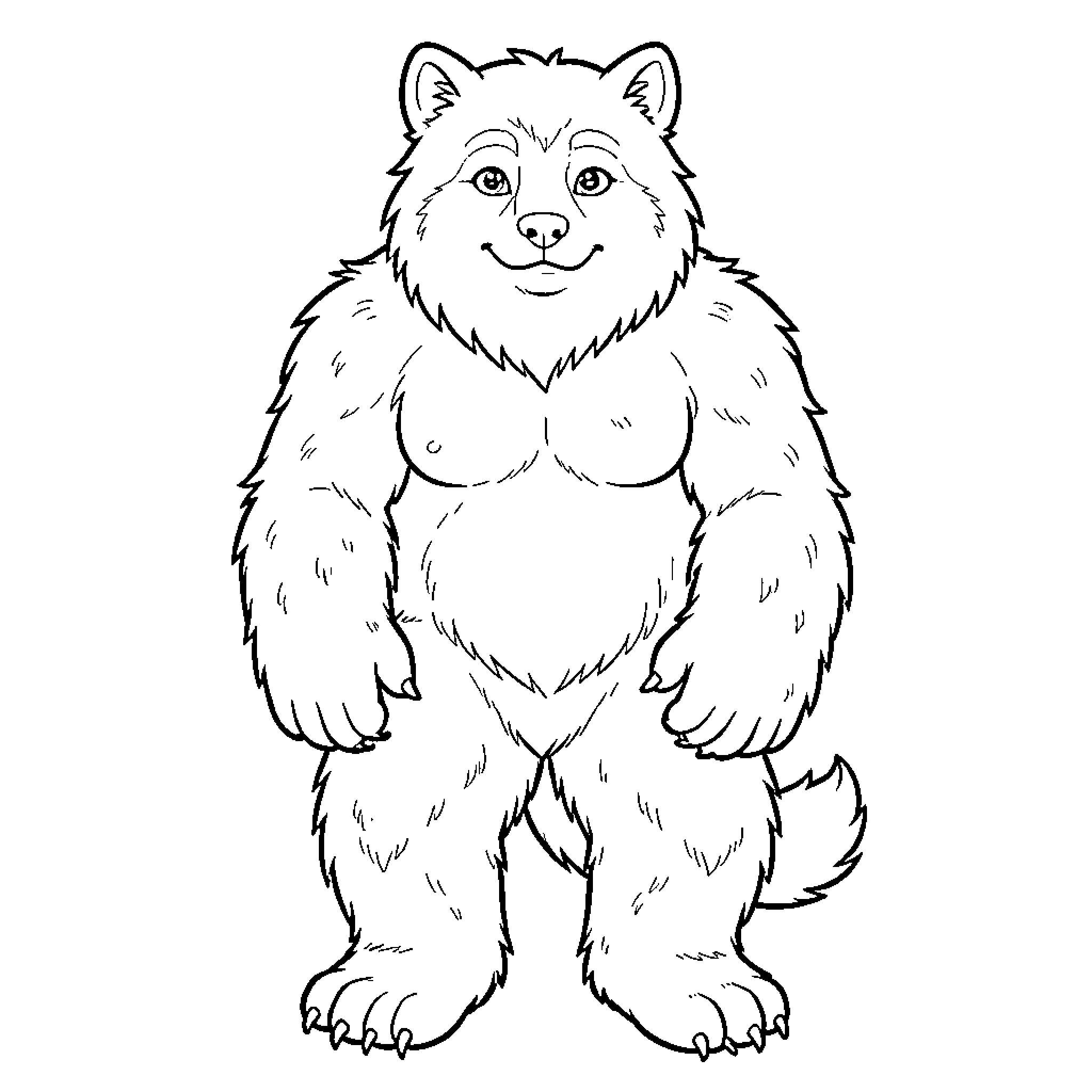 Furry Human standing upright and smiling Coloring Page (free black-and-white line drawing printable PDF for all, from beginners to advanced learners, including children, teens, adults, and seniors)