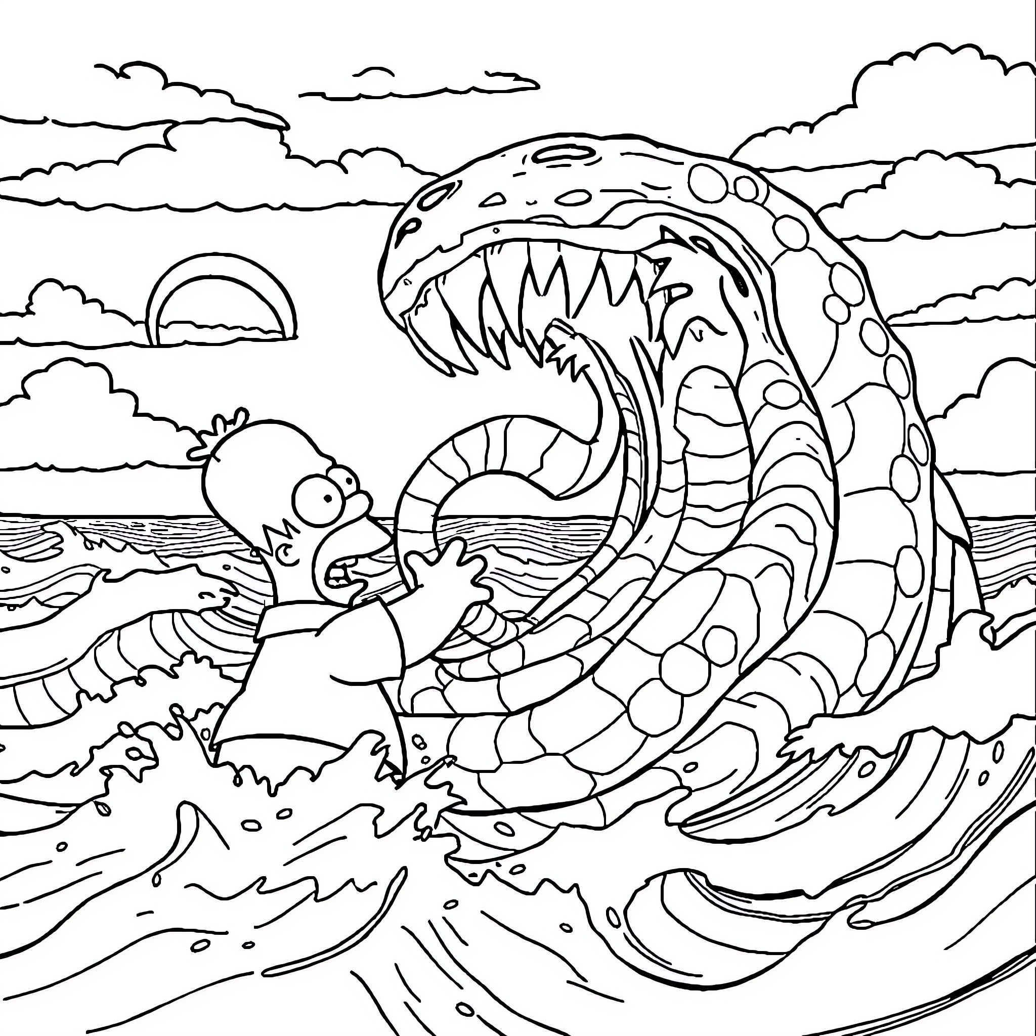 Homer Simpson's Encounter with a Monstrous Sea Creature Coloring Page (free black-and-white line drawing printable PDF for all, from beginners to advanced learners, including children, teens, adults, and seniors)