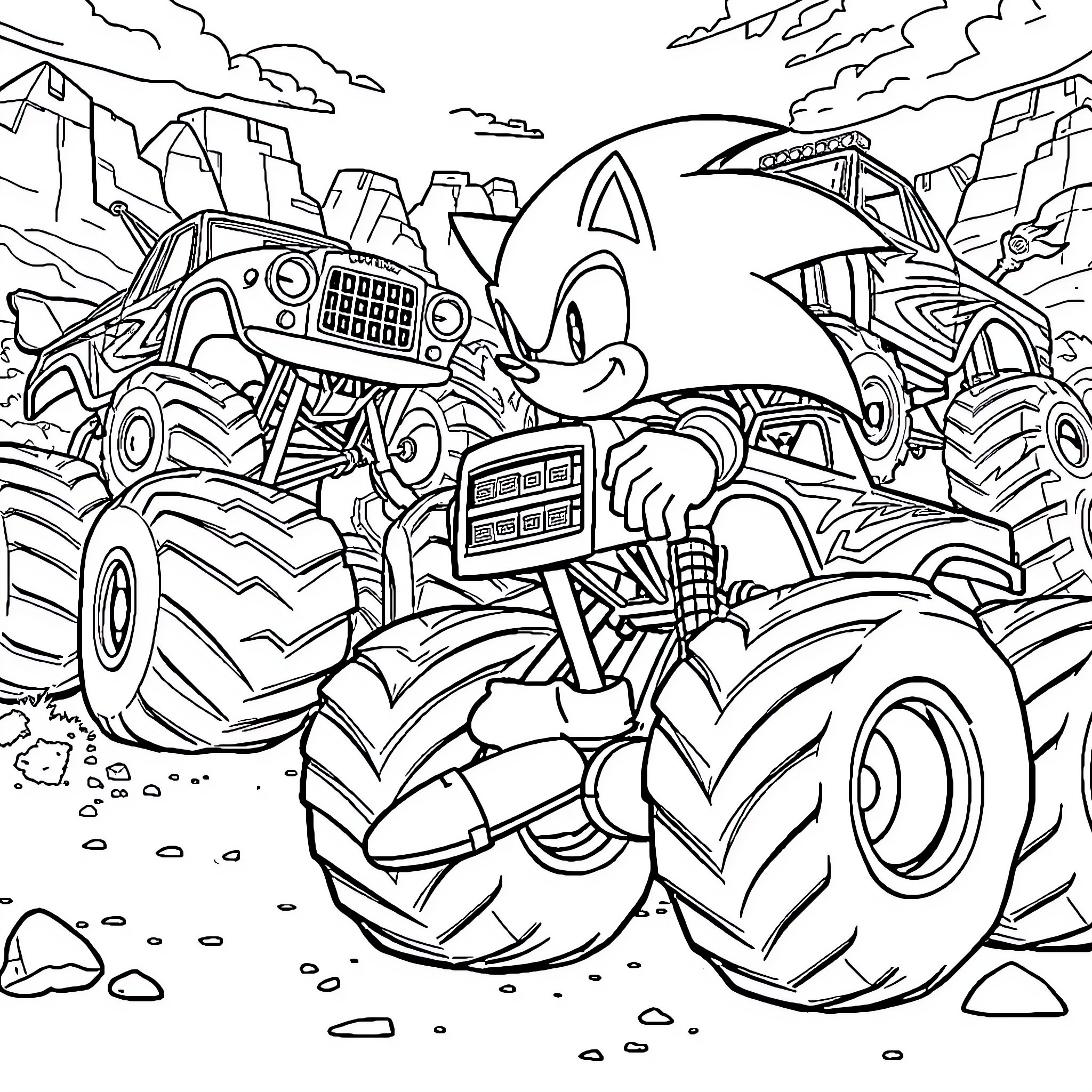 Sonic's Monstrous Monster Truck Adventure Coloring Page (free black-and-white line drawing printable PDF for all, from beginners to advanced learners, including children, teens, adults, and seniors)