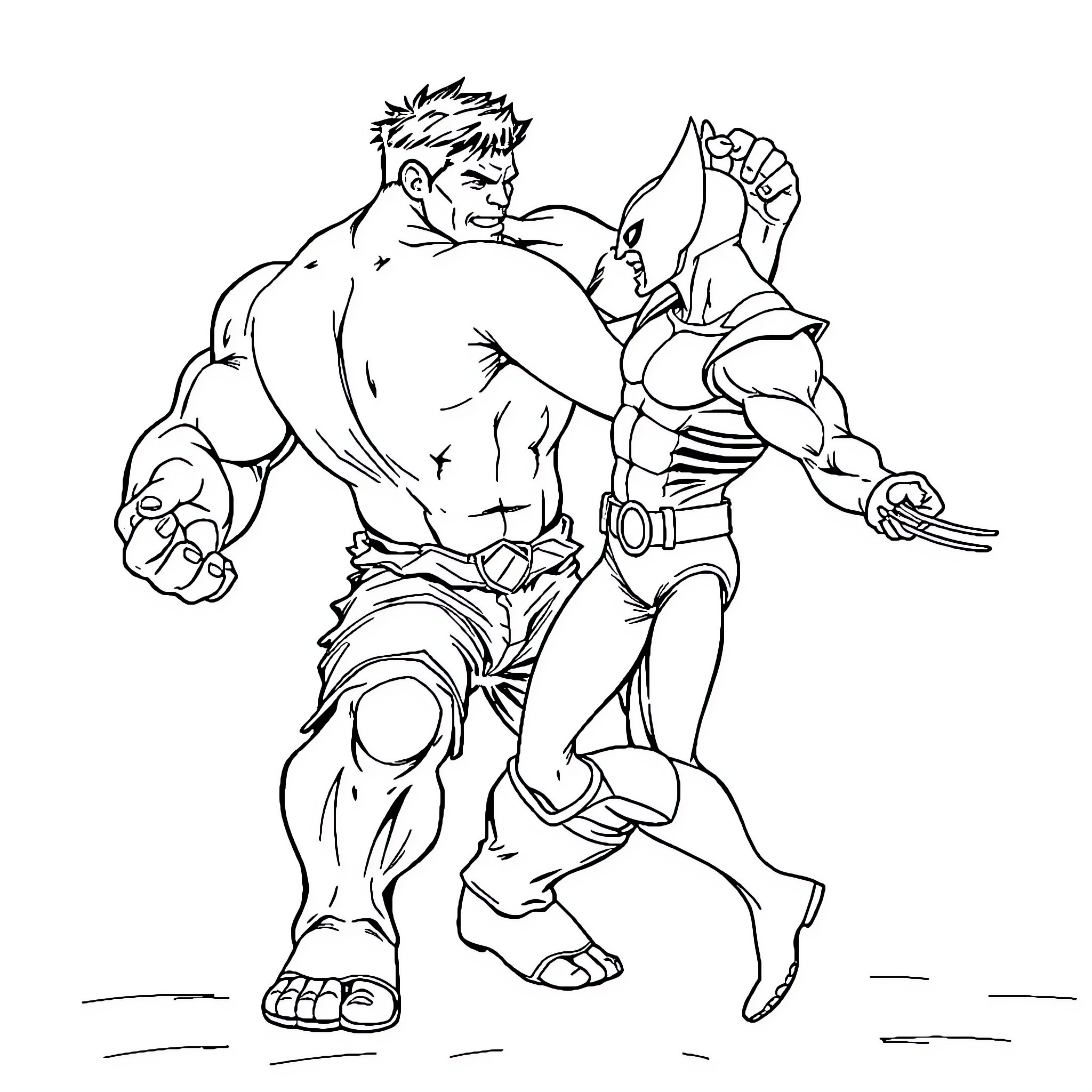 Hulk battling a powerful adversary in an intense combat scene Coloring Page (free black-and-white line drawing printable PDF for all, from beginners to advanced learners, including children, teens, adults, and seniors)