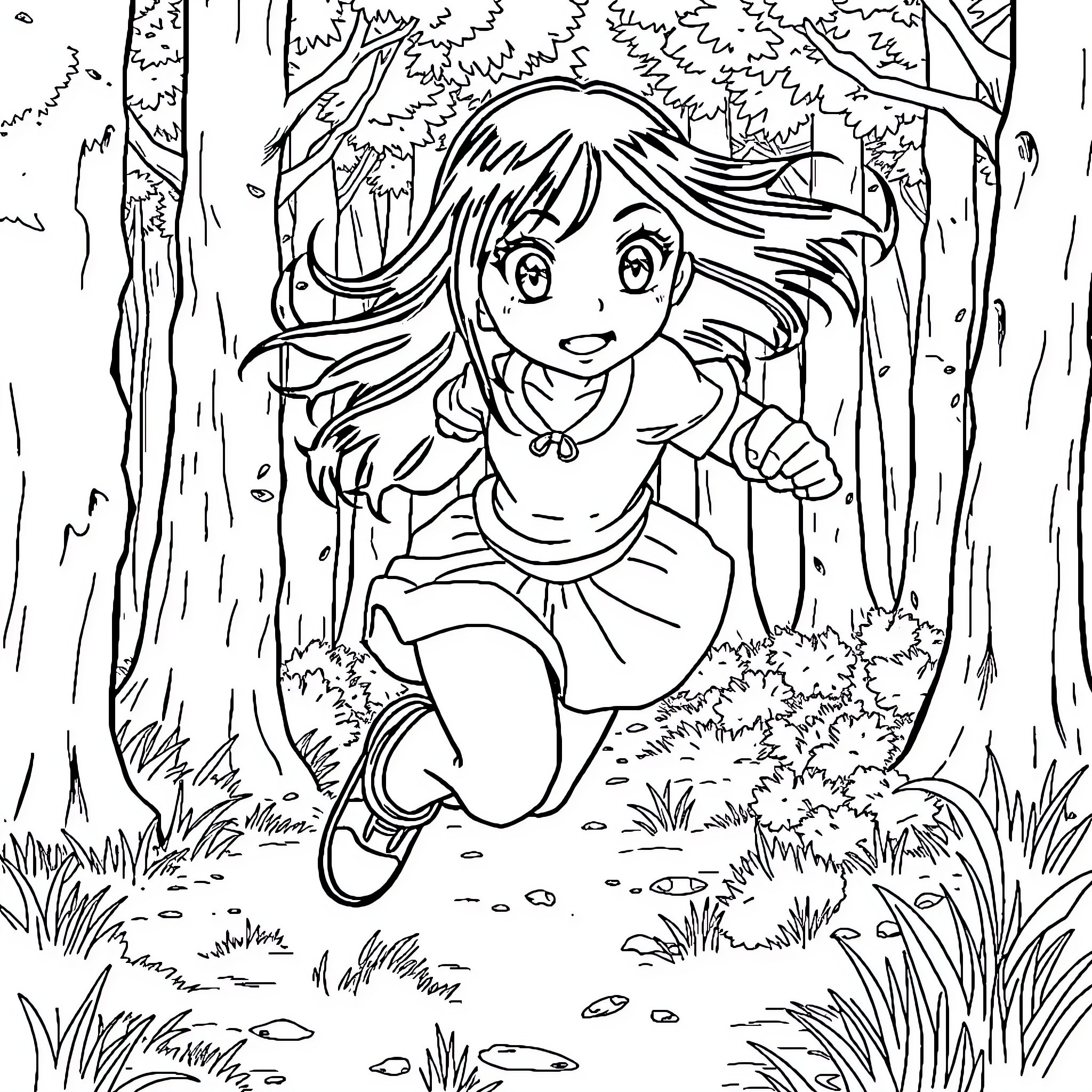Tsuyu exploring the enchanting forest Coloring Page (free black-and-white line drawing printable PDF for all, from beginners to advanced learners, including children, teens, adults, and seniors)