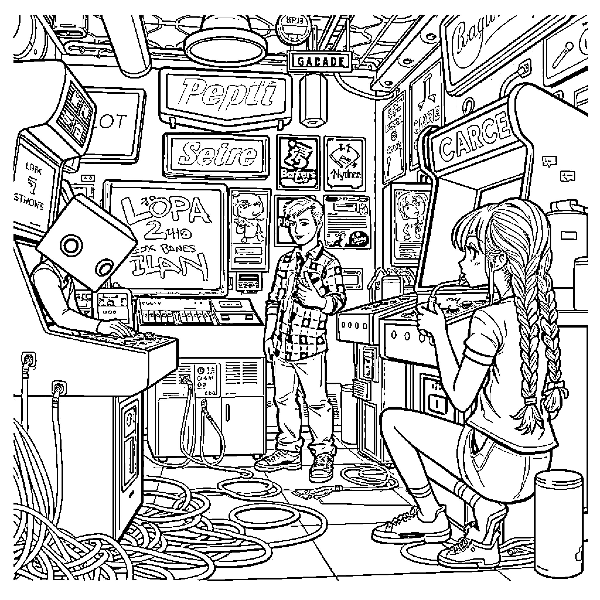 Arcade Scene with Playful Characters Coloring Page (free black-and-white line drawing printable PDF for all, from beginners to advanced learners, including children, teens, adults, and seniors)