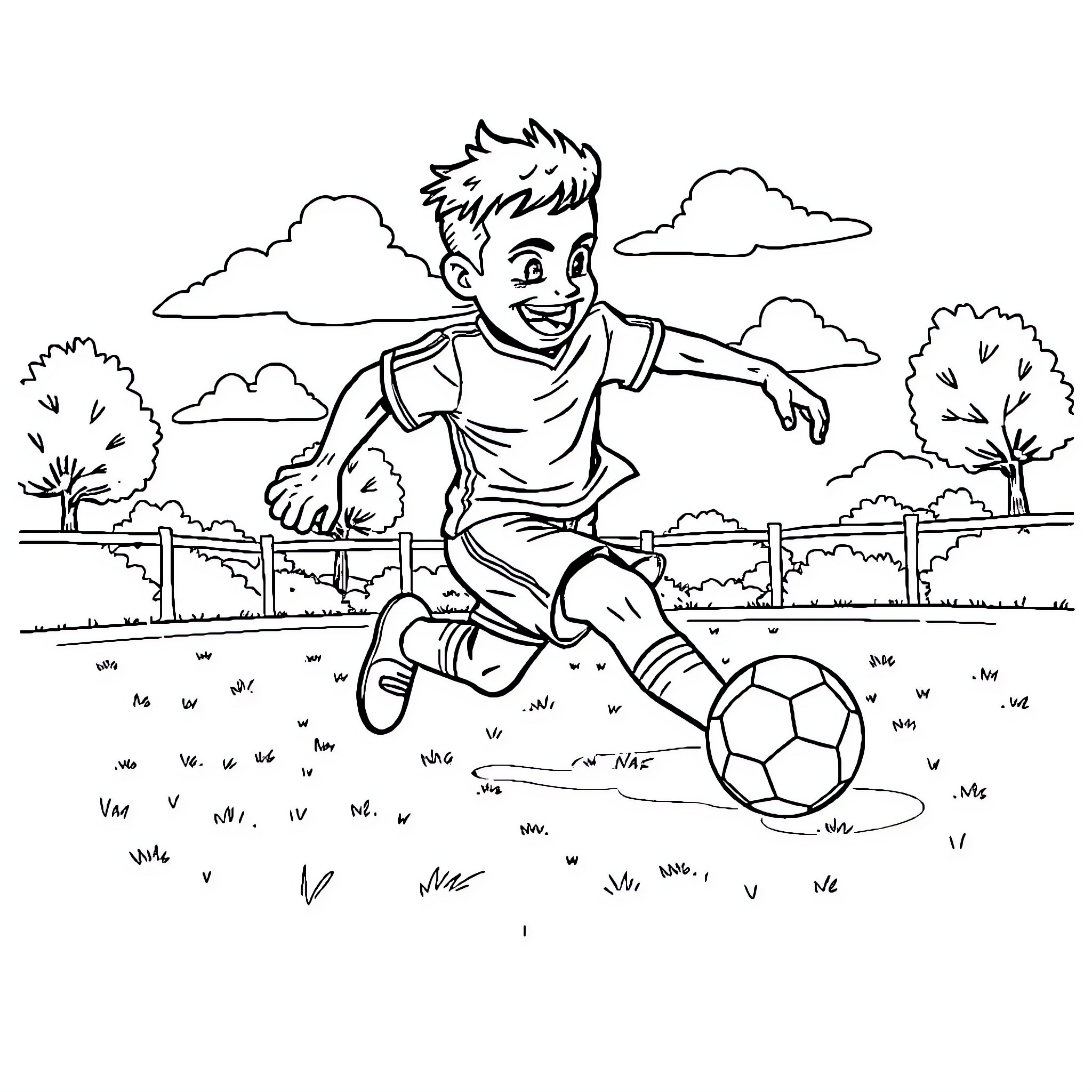 Knuckle Kicking Around Soccer Ball on Grassy Field Coloring Page (free black-and-white line drawing printable PDF for all, from beginners to advanced learners, including children, teens, adults, and seniors)