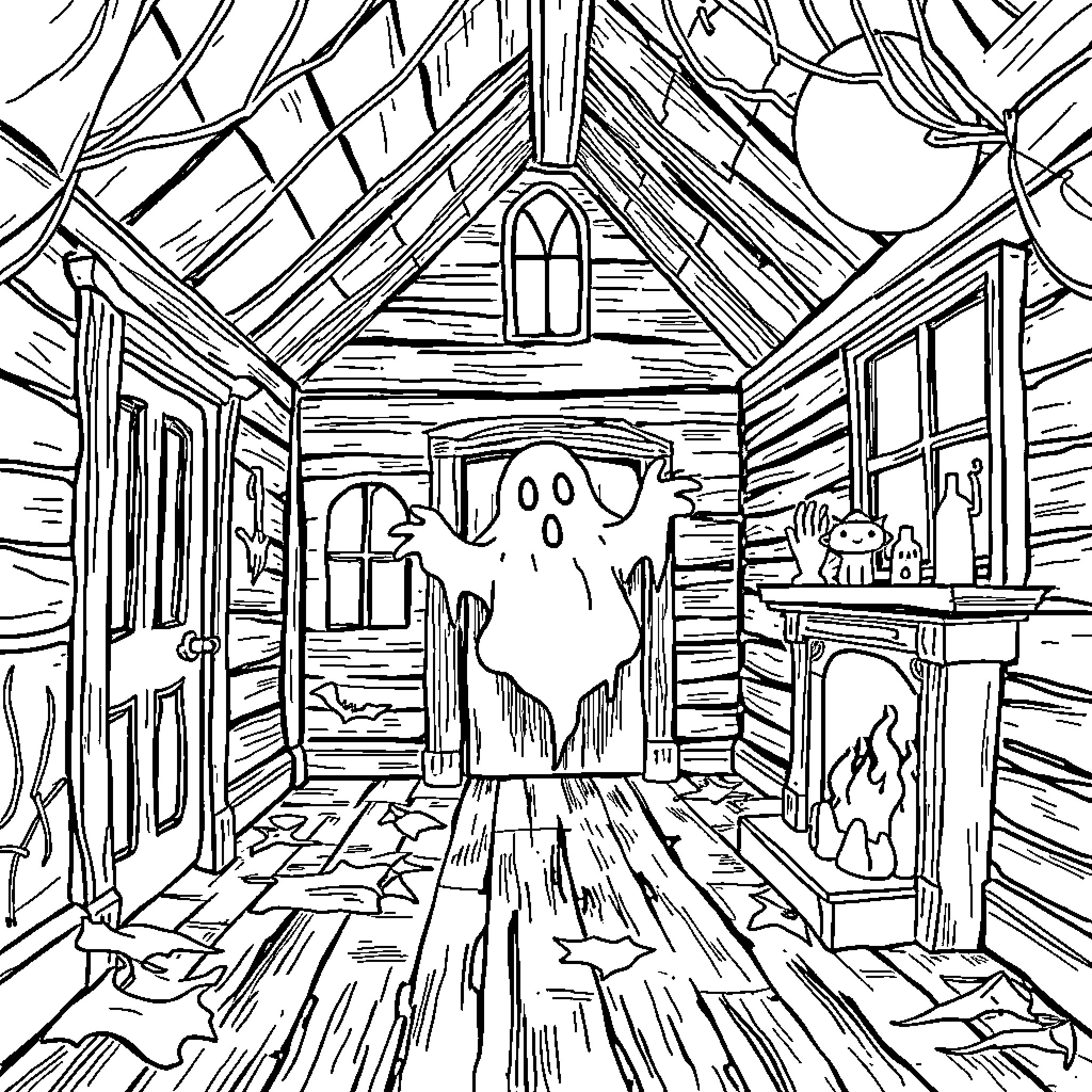 Ghost haunting an abandoned cabin Coloring Page (free black-and-white line drawing printable PDF for all, from beginners to advanced learners, including children, teens, adults, and seniors)