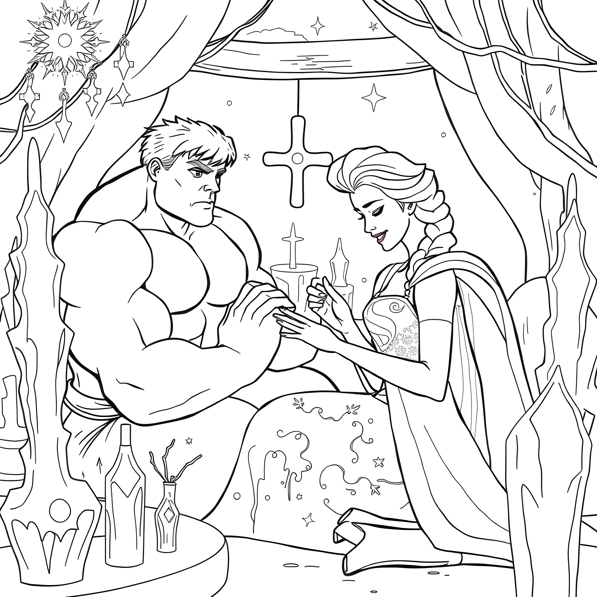 Hulk and warrior princess in mystical scene Coloring Page (free black-and-white line drawing printable PDF for all, from beginners to advanced learners, including children, teens, adults, and seniors)