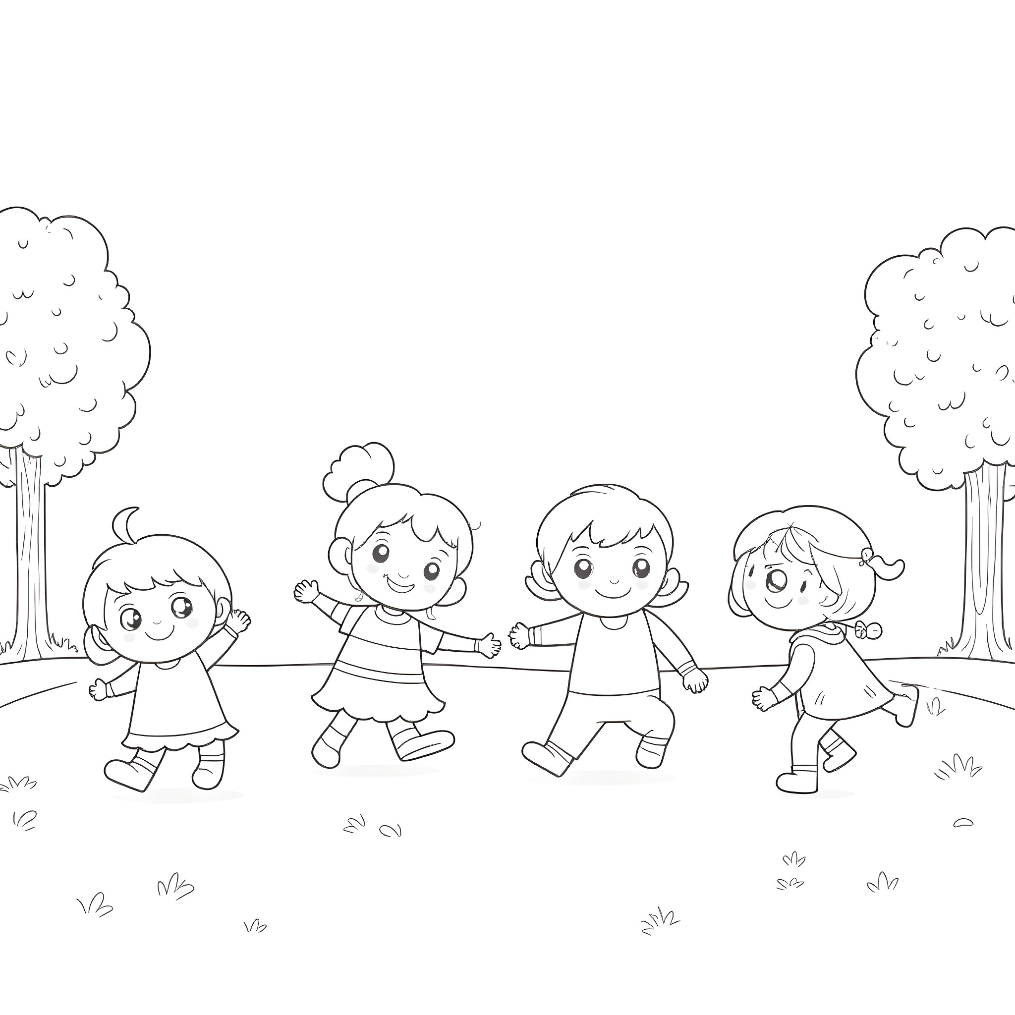 Labubu and friends playing happily in the park Coloring Page (free black-and-white line drawing printable PDF for all, from beginners to advanced learners, including children, teens, adults, and seniors)