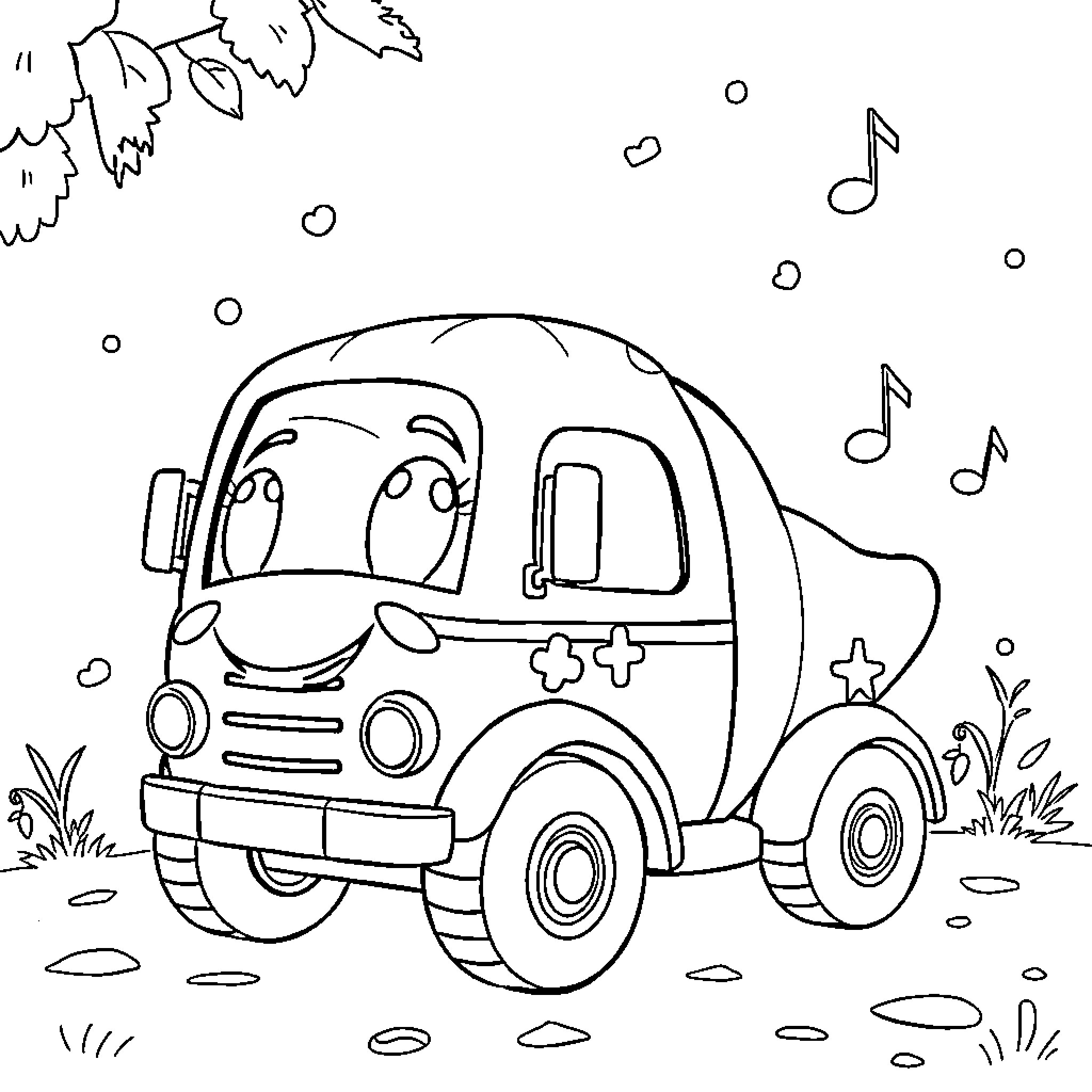Cocomelon Cartoon Car Having Fun in the Park Coloring Page (free black-and-white line drawing printable PDF for all, from beginners to advanced learners, including children, teens, adults, and seniors)