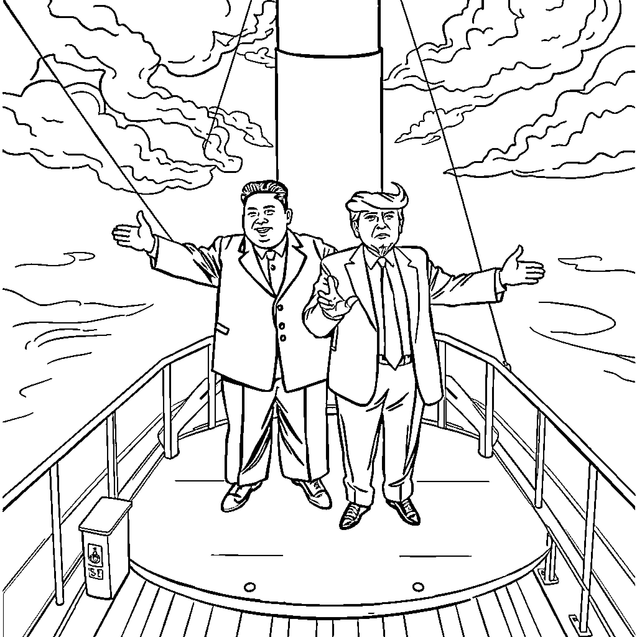 Kim Jong Un and Advisors on Balcony Overlooking Surroundings Coloring Page (free black-and-white line drawing printable PDF for all, from beginners to advanced learners, including children, teens, adults, and seniors)