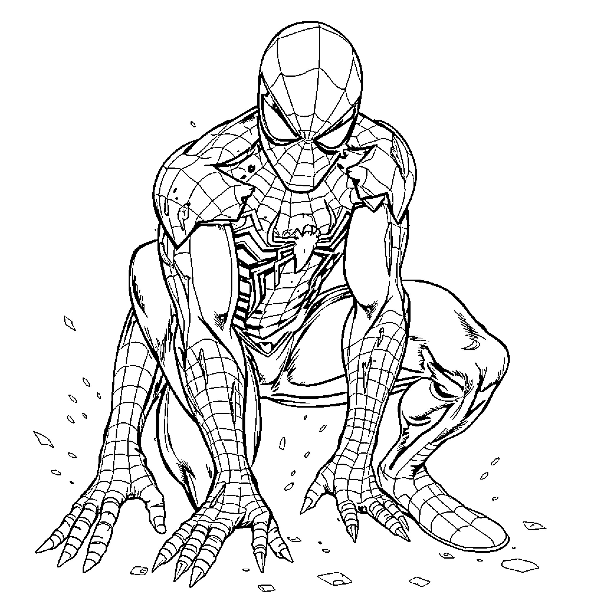 Spiderman in heroic pose with web-like details Coloring Page (free black-and-white line drawing printable PDF for all, from beginners to advanced learners, including children, teens, adults, and seniors)