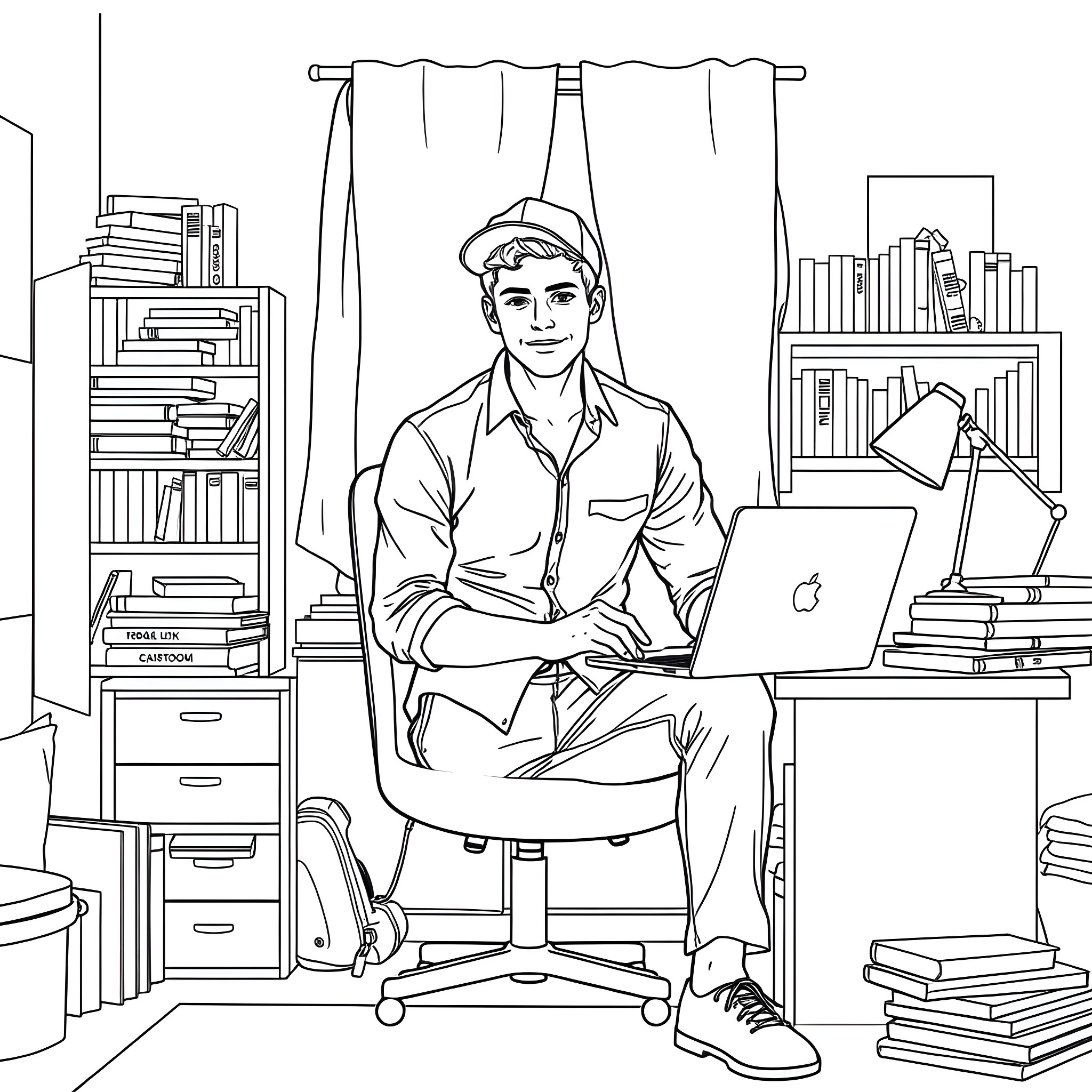 Teen Guy Working Diligently at His Desk Coloring Page (free black-and-white line drawing printable PDF for all, from beginners to advanced learners, including children, teens, adults, and seniors)