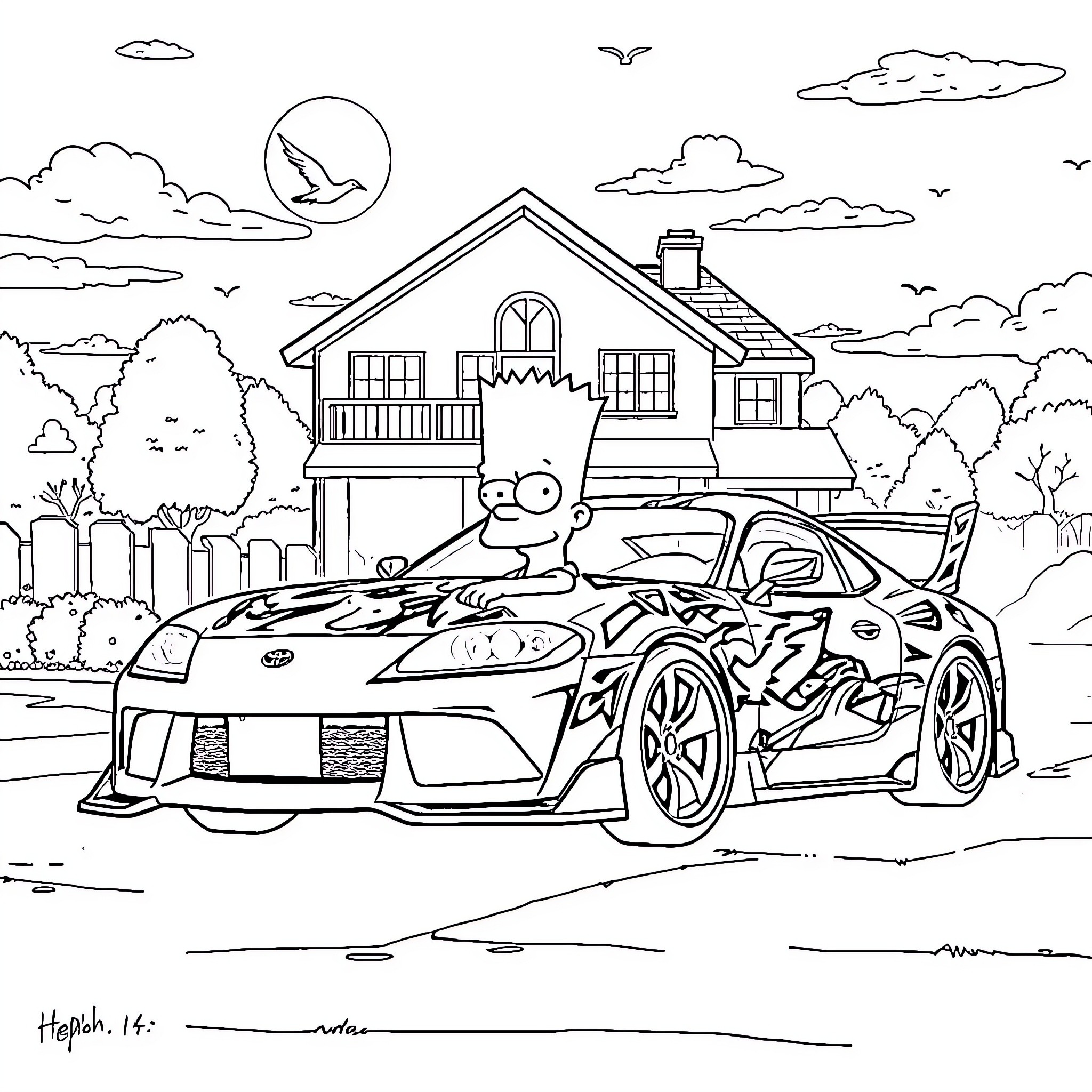 Bart Simpson Driving a Sports Car in the Neighborhood Coloring Page (free black-and-white line drawing printable PDF for all, from beginners to advanced learners, including children, teens, adults, and seniors)