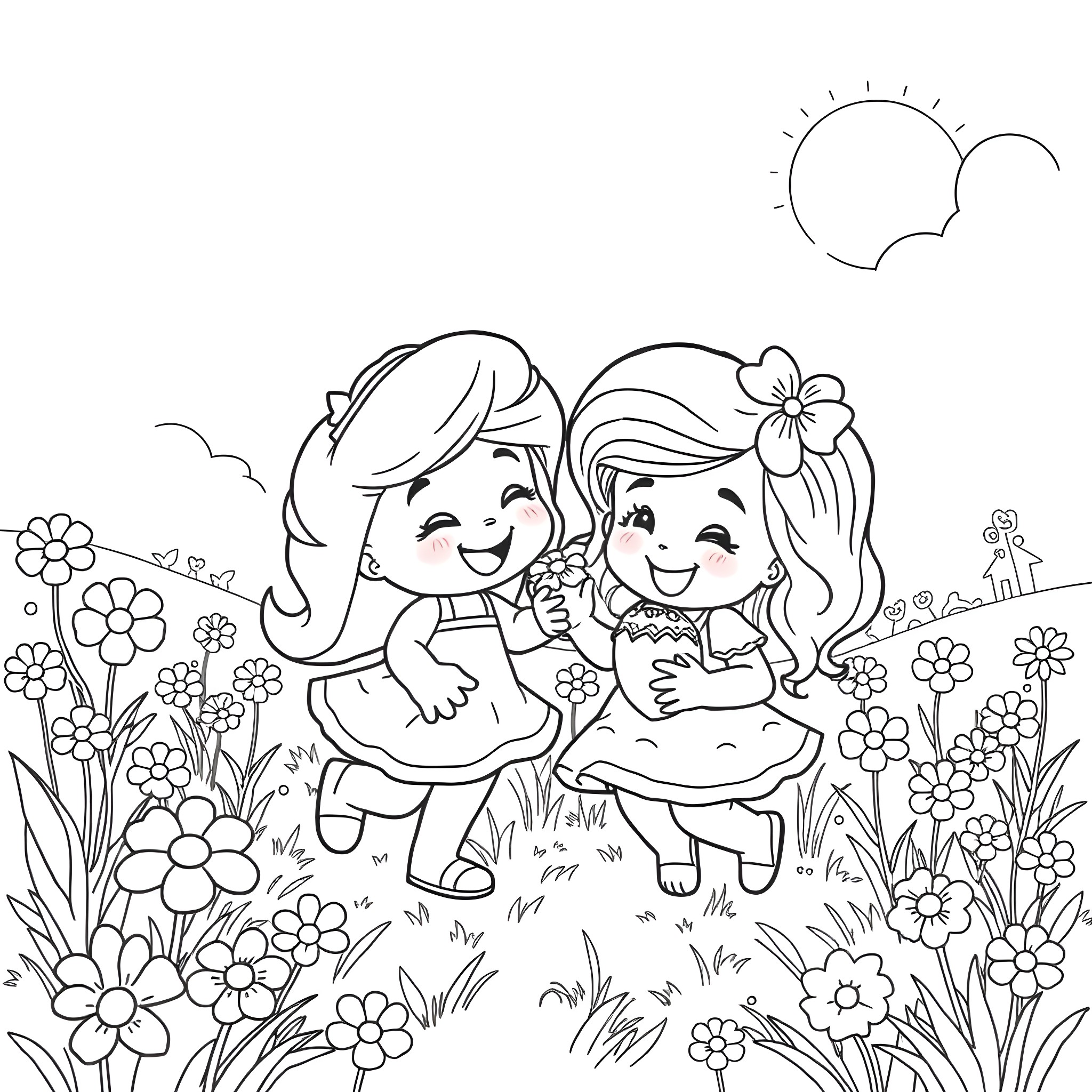 Bluey and friend play happily in a flowery field Coloring Page (free black-and-white line drawing printable PDF for all, from beginners to advanced learners, including children, teens, adults, and seniors)