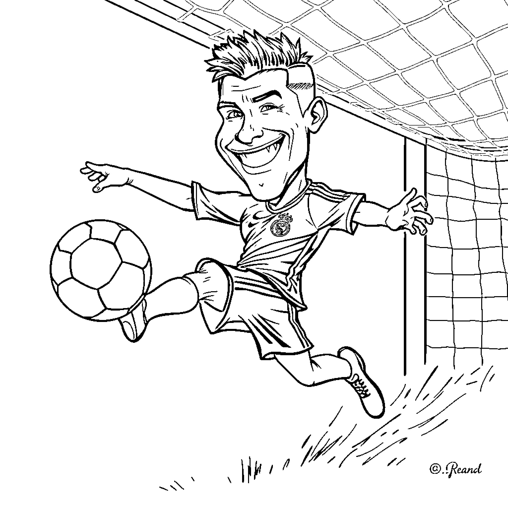 Cristiano Ronaldo in Action Celebration Coloring Page (free black-and-white line drawing printable PDF for all, from beginners to advanced learners, including children, teens, adults, and seniors)