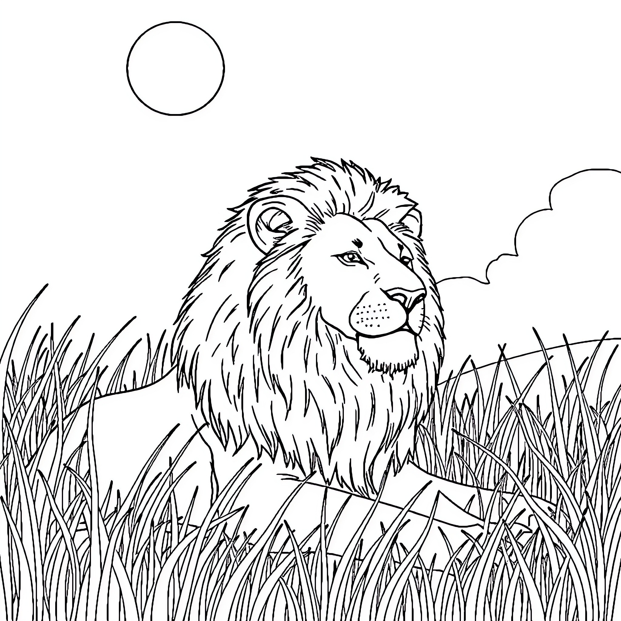 Lion resting in the tall grass under the moon Coloring Page (free black-and-white line drawing printable PDF for all, from beginners to advanced learners, including children, teens, adults, and seniors)