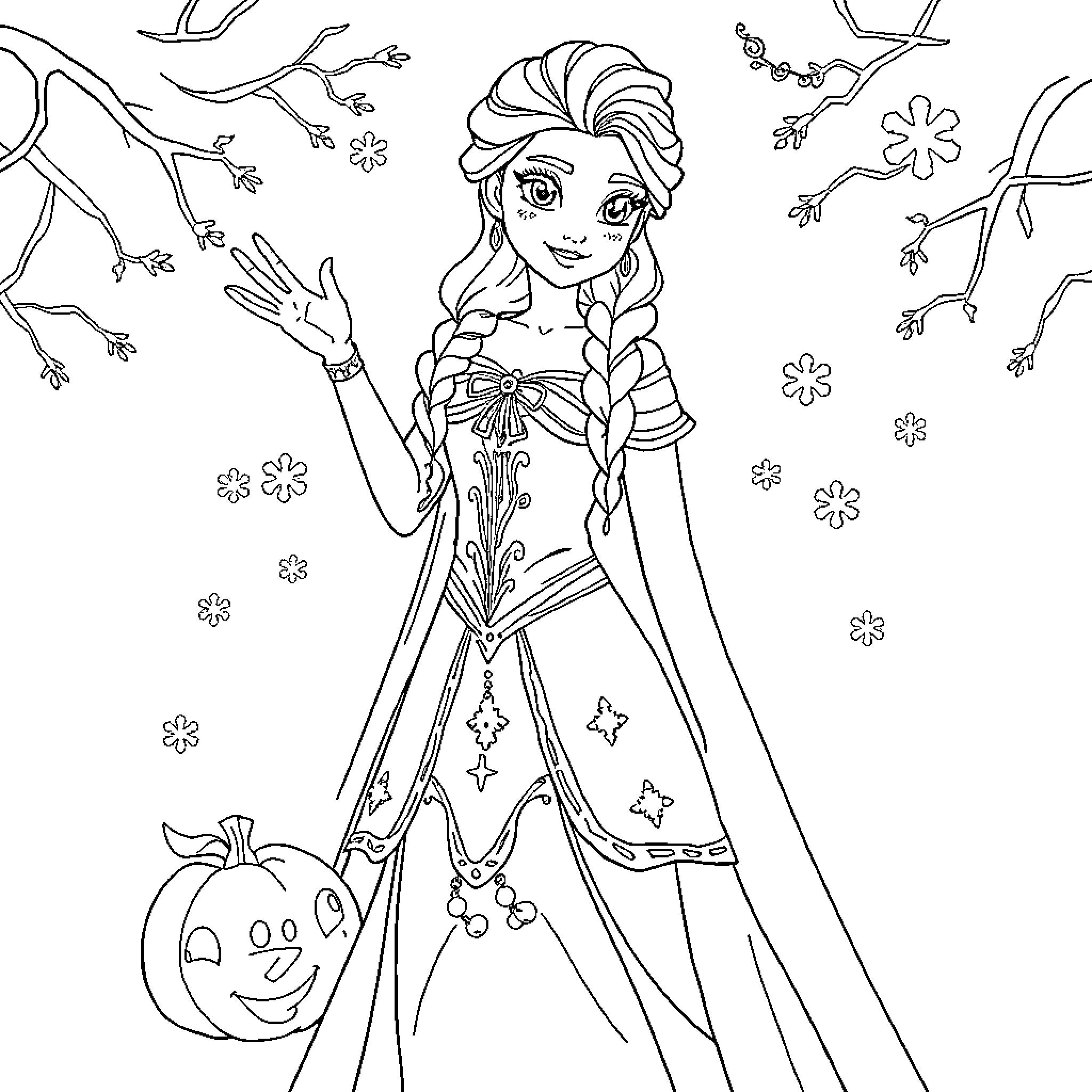 Elsa enjoying a magical floral scene Coloring Page (free black-and-white line drawing printable PDF for all, from beginners to advanced learners, including children, teens, adults, and seniors)