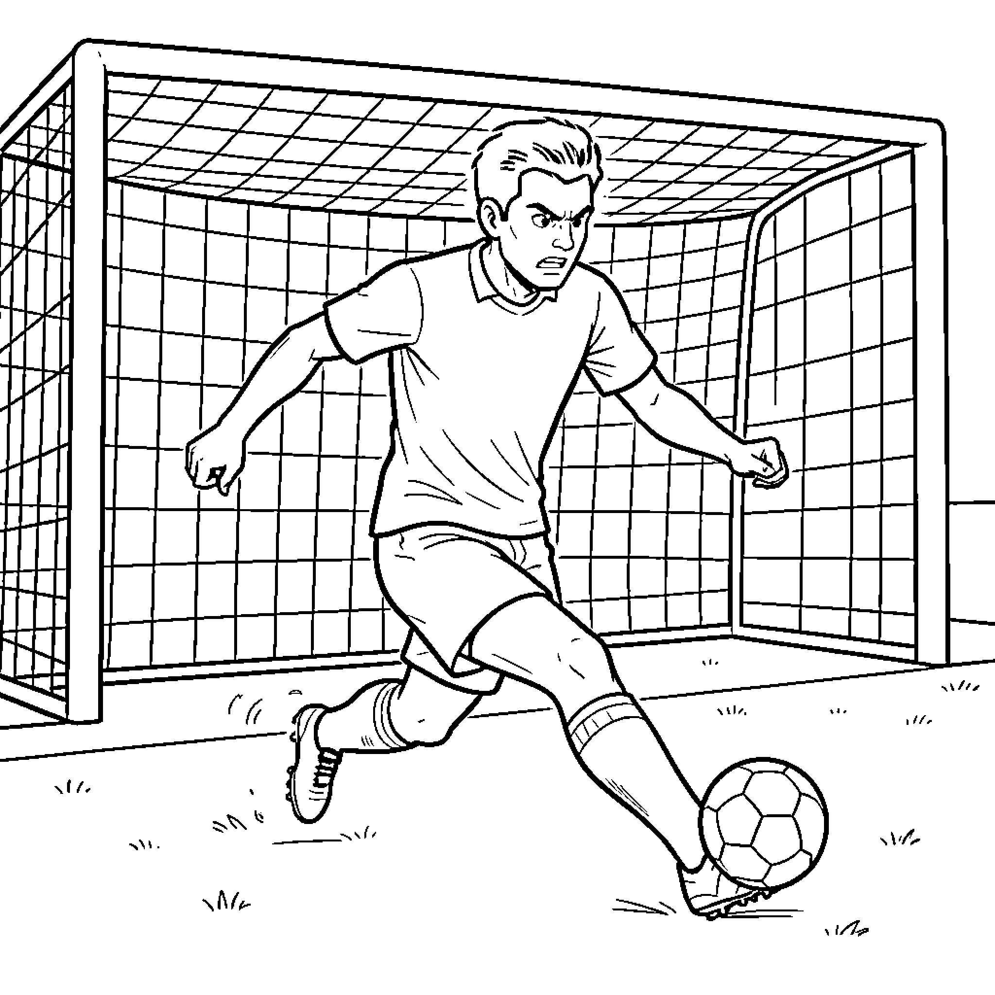 Soccer Player kicking the ball toward the goal Coloring Page (free black-and-white line drawing printable PDF for all, from beginners to advanced learners, including children, teens, adults, and seniors)