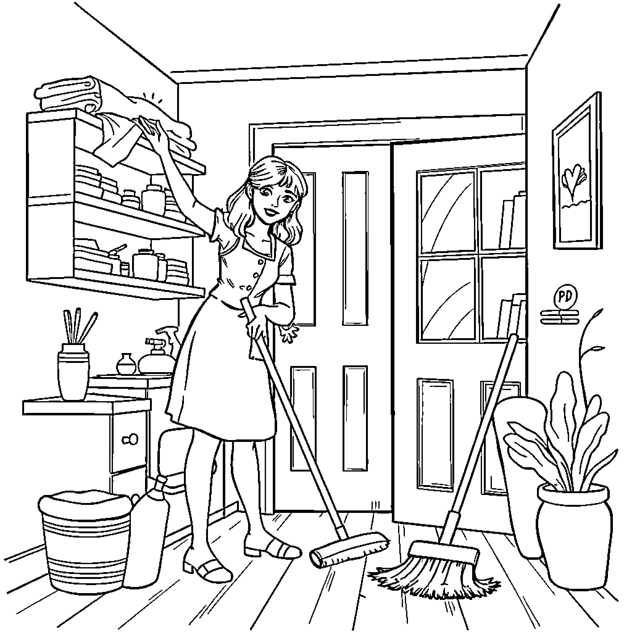Lady cleaning and tidying up the house Coloring Page (free black-and-white line drawing printable PDF for all, from beginners to advanced learners, including children, teens, adults, and seniors)