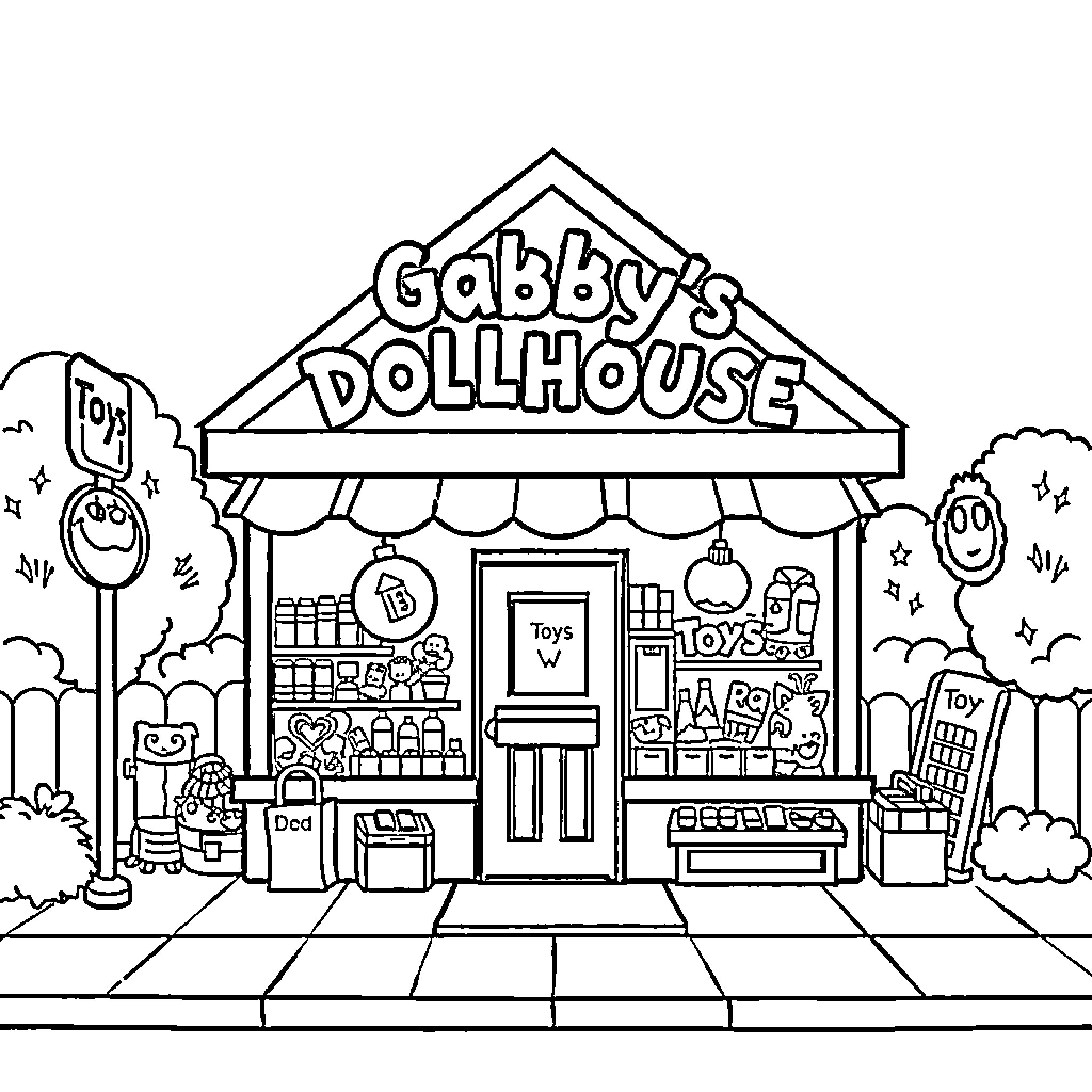 Dollhouse filled with toys and decorations Coloring Page (free black-and-white line drawing printable PDF for all, from beginners to advanced learners, including children, teens, adults, and seniors)