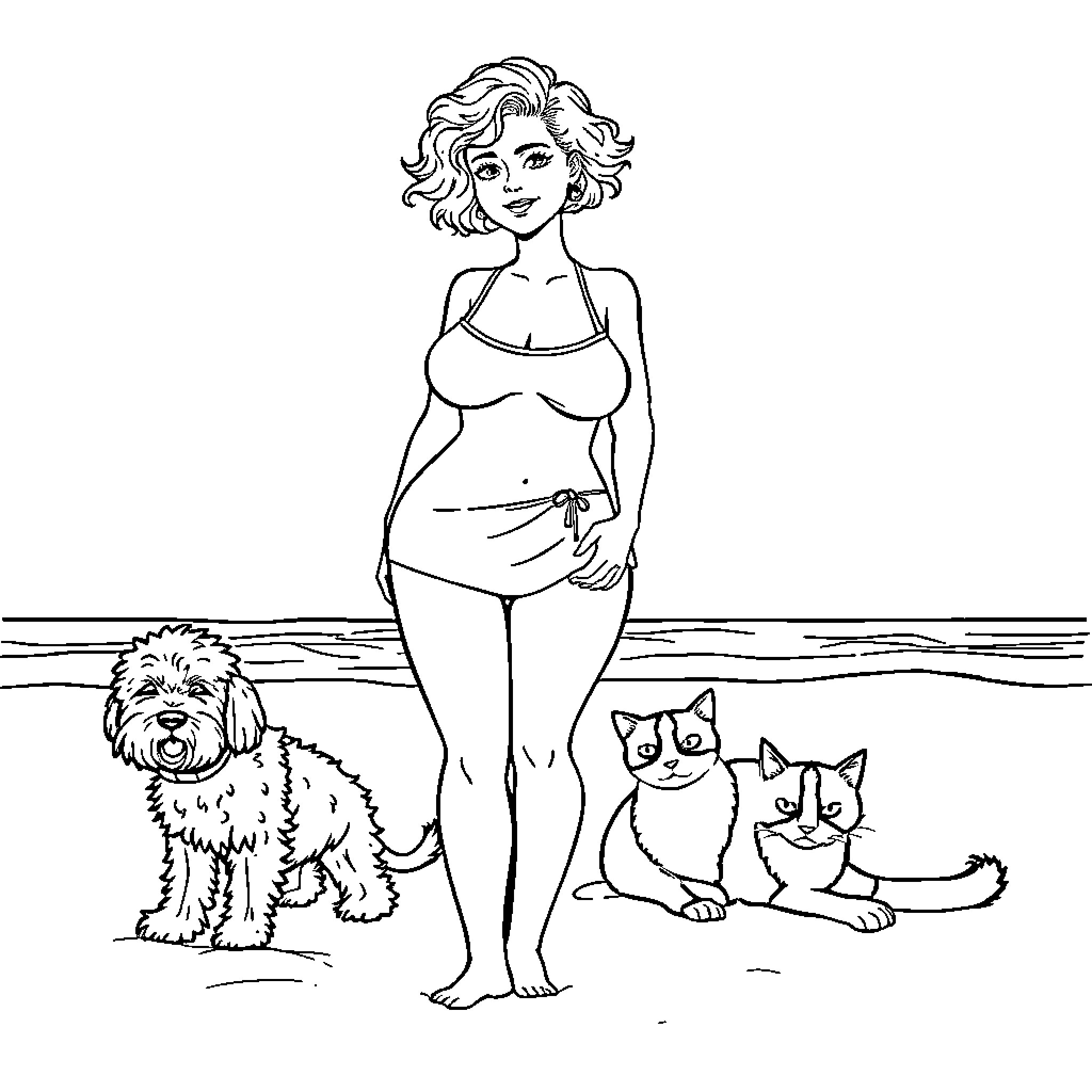 Woman in swimsuit relaxing with pets on the beach Coloring Page (free black-and-white line drawing printable PDF for all, from beginners to advanced learners, including children, teens, adults, and seniors)